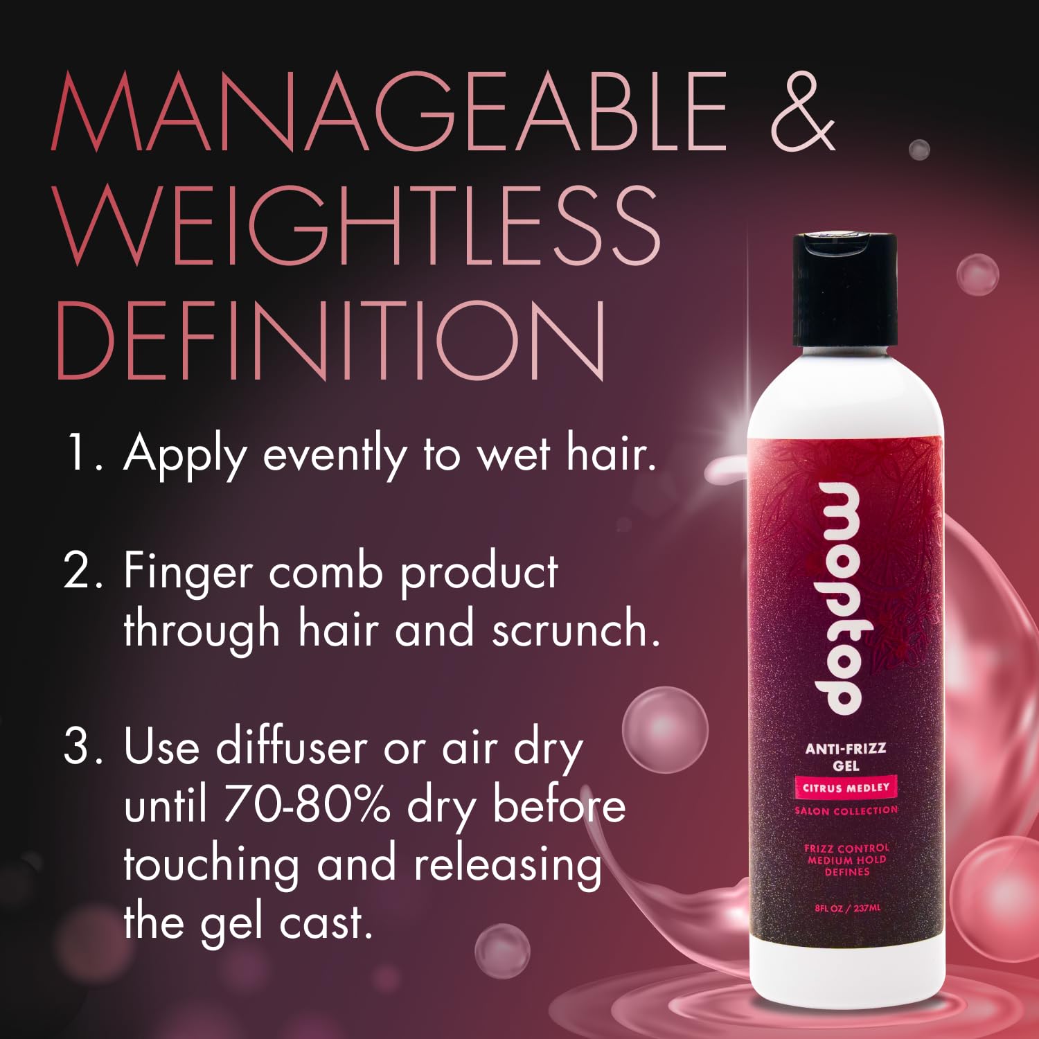 MopTop Salon Anti Frizz Hair Gel - Salon Quality Curl Defining Gel to Enhance Wavy, Curly and Kinky-Coily Hair, Medium Hold, For