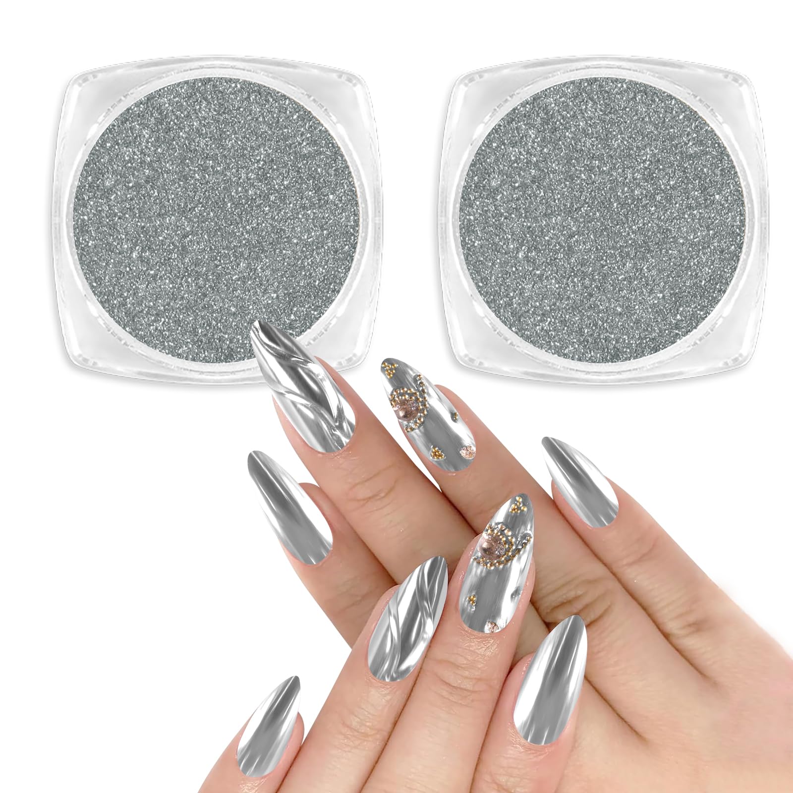 Allstarry Chrome Nail Powder 2pcs Metallic Mirror Effect Dust Glitter Glazed Manicure Decoration Reflective Pigment for Gel Poli
