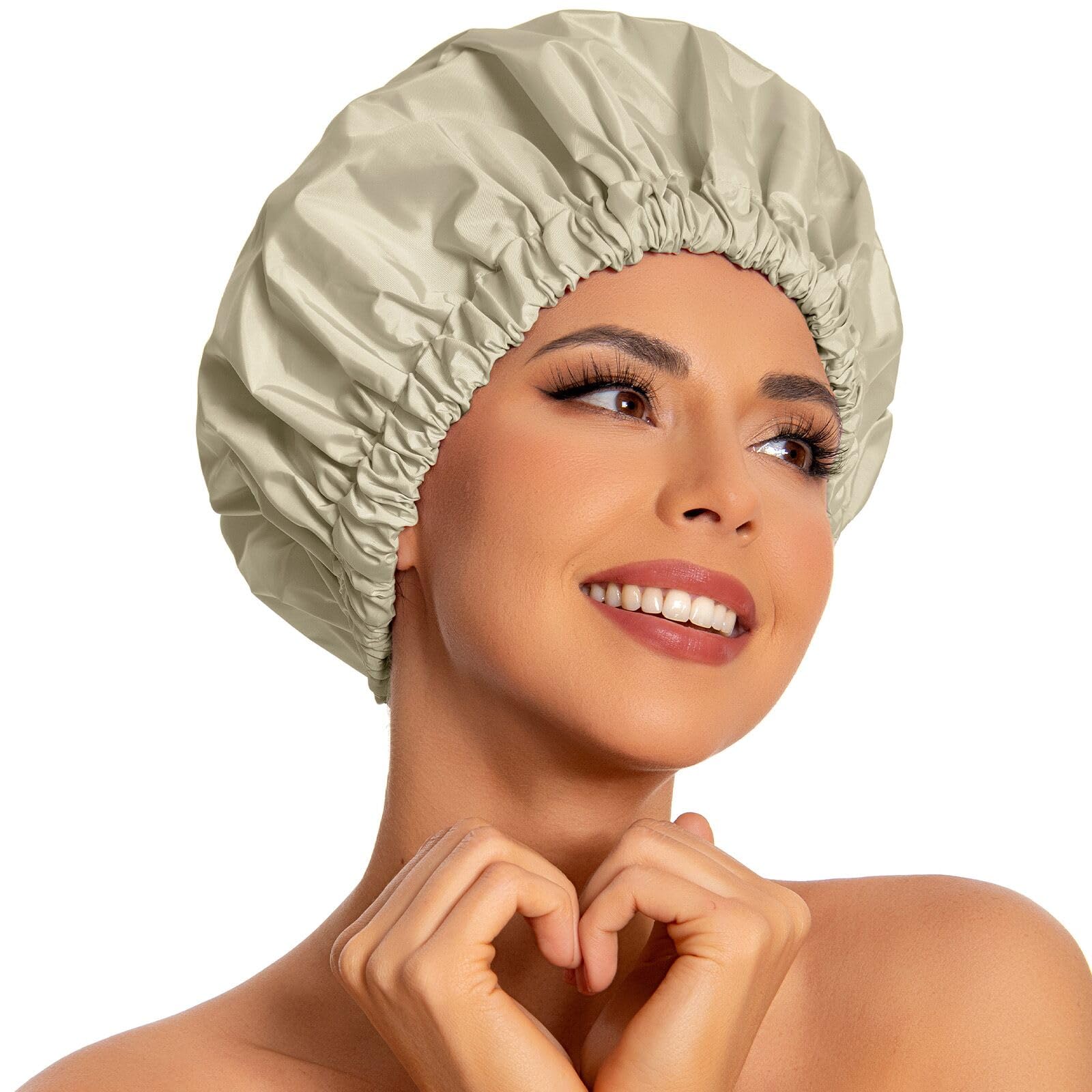 Reusable Shower Cap For Women, Large Waterproof Shower Bonnet Washable Elastic Band Bath Hair Hat For Long Hair, Braids(Gray Yel
