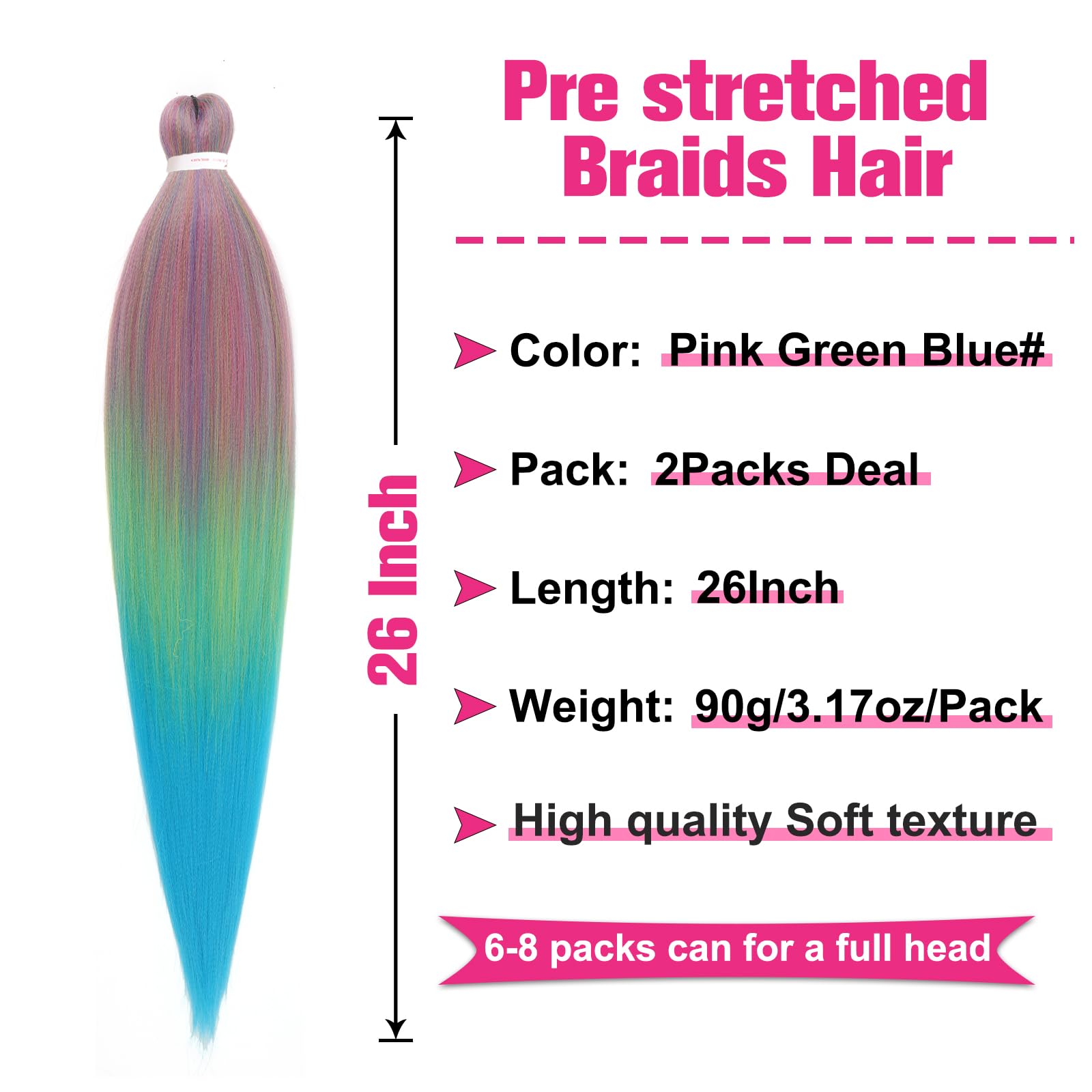 Unionbeauty 26 Inch 2 Packs Pre Stretched Braiding Hair Pink Light Green Blue Ombre Braiding Hair For Box Braids Yaki Texture Ho