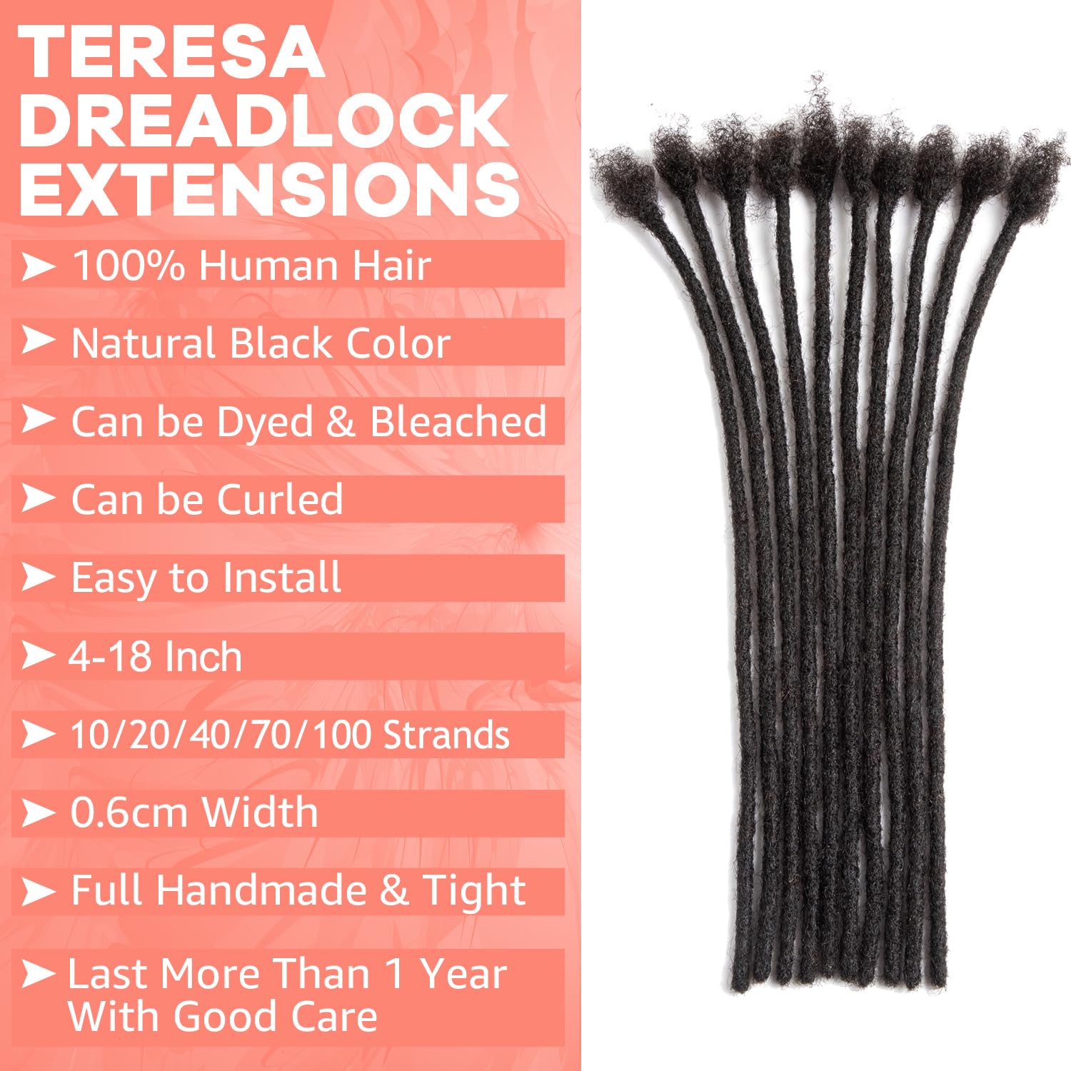 Teresa 6-18 Inch 0.6Cm & 0.4Cm & 0.8Cm Width Small 100% Human Hair Dreadlock Extensions For Men/Women/Kids,Full Hand-Made Perman