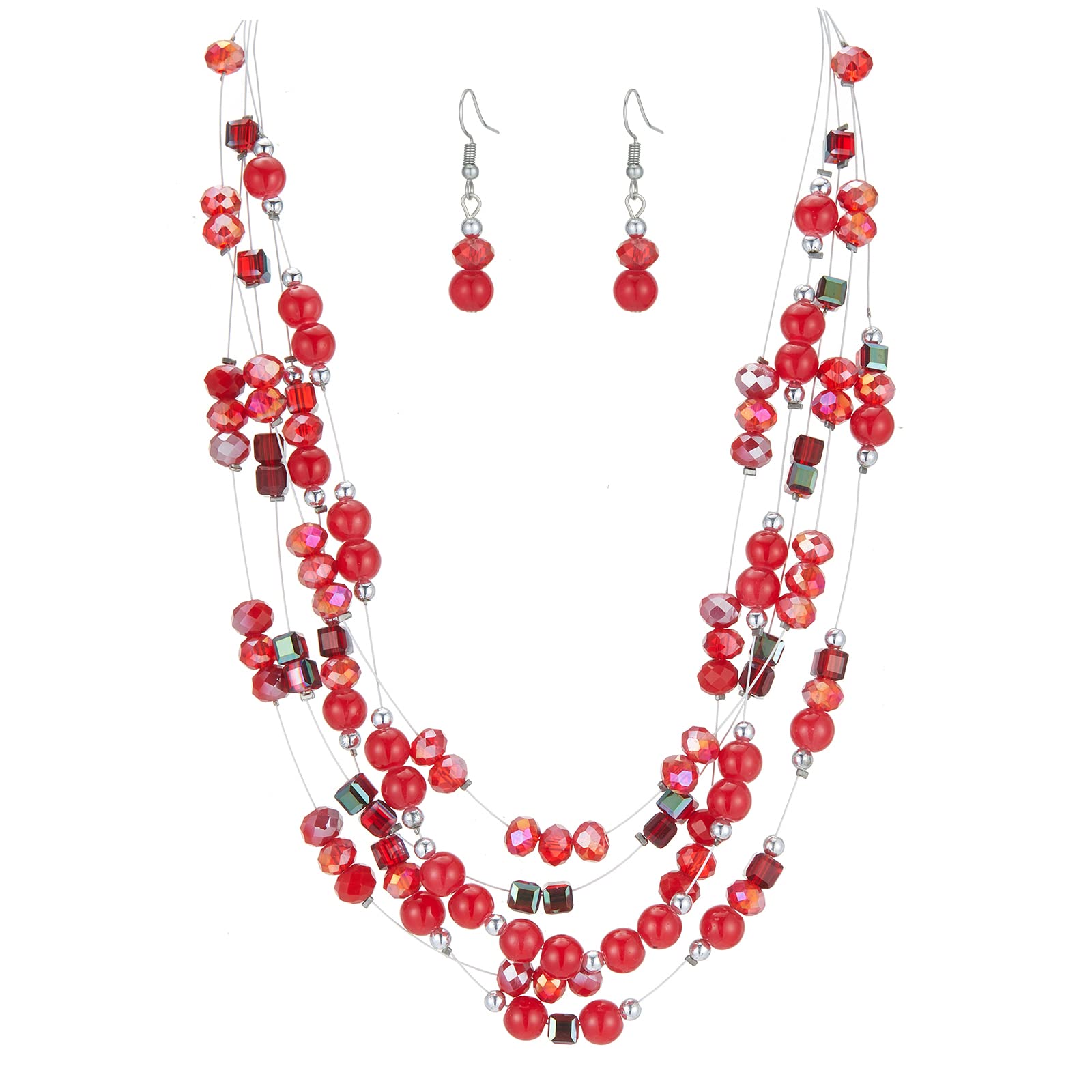Layered Chunky Statement Necklace for Women Colorful Boho Beaded Necklaces and Earring Set Fashion Costume Jewelry for Women(Red
