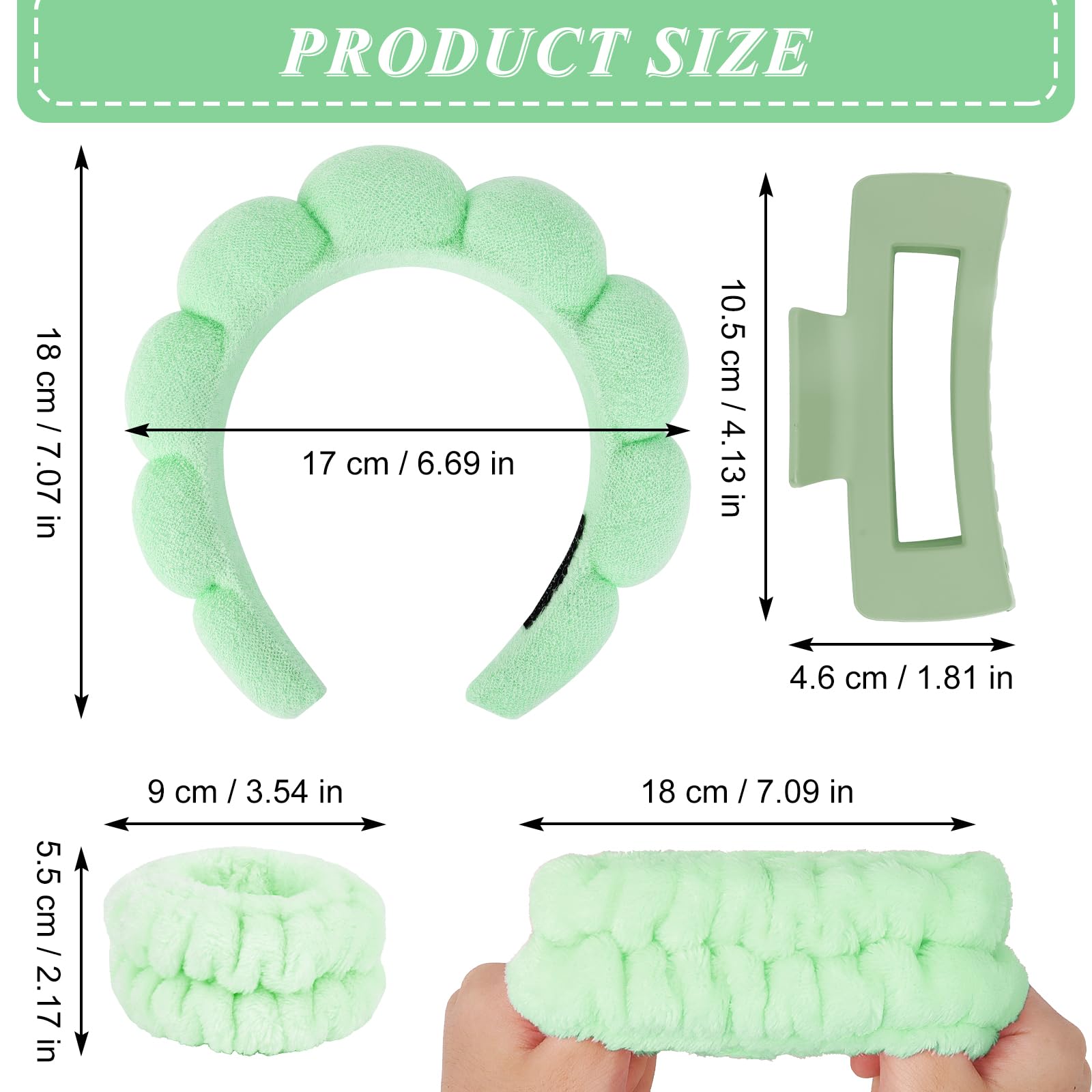 Wecoe Spa Headband And Wristband Set Skincare Headband For Washing Face Hair Claw Clips For Thick Hair Cute Green Puffy Sponge M