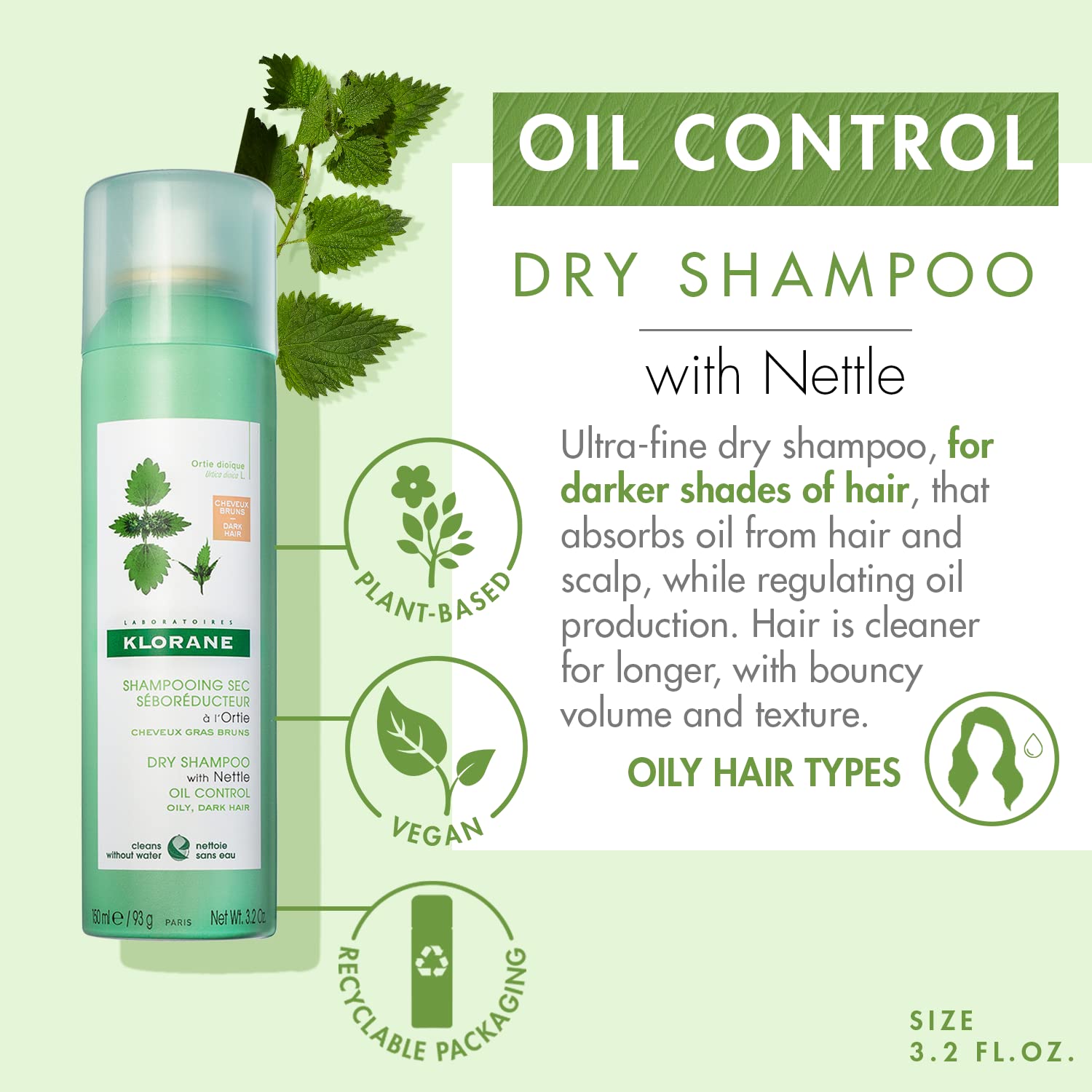 Klorane Dry Shampoo With Nettle and Natural Tint, Nettle for Brunette, Oily Hair and Scalp, Regulates Oil Production, Paraben &