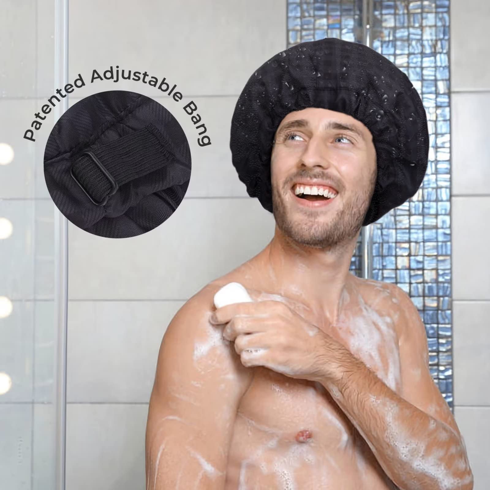 Shower Cap For Men Black Bath Cap, Reversible Large Waterproof Adjustable Shower Caps Terry Lining & Elastic Band Stretch Hem Ha