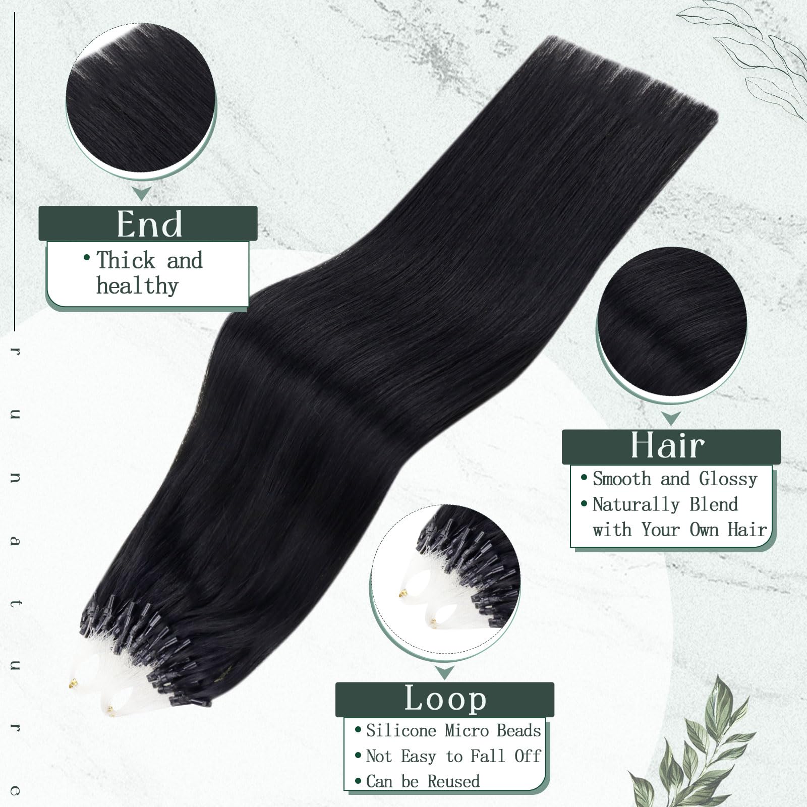 Runature Black Micro Bead Hair Extensions Real Human Hair 22 Inch Micro Link Hair Extensions Human Hair Jet Black Microbead Hair