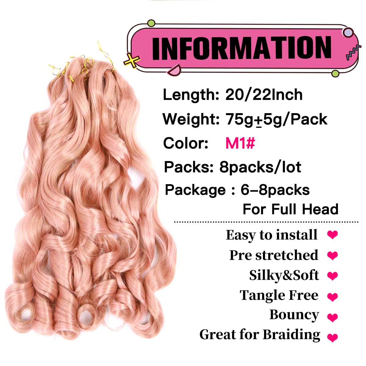 Amir Hair 8 Packs French Curl Braiding Hair 20Inch Loose Wave Braiding Hair Pre Stretched Synthetic Hair Extensions