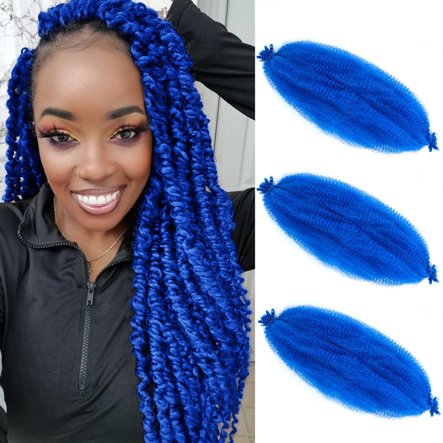 Springy Afro Twist Hair 24 Inch 3 Packs Pre Fluffed Marley Twist Braiding Hair for Black Women (24 inch, Blue)