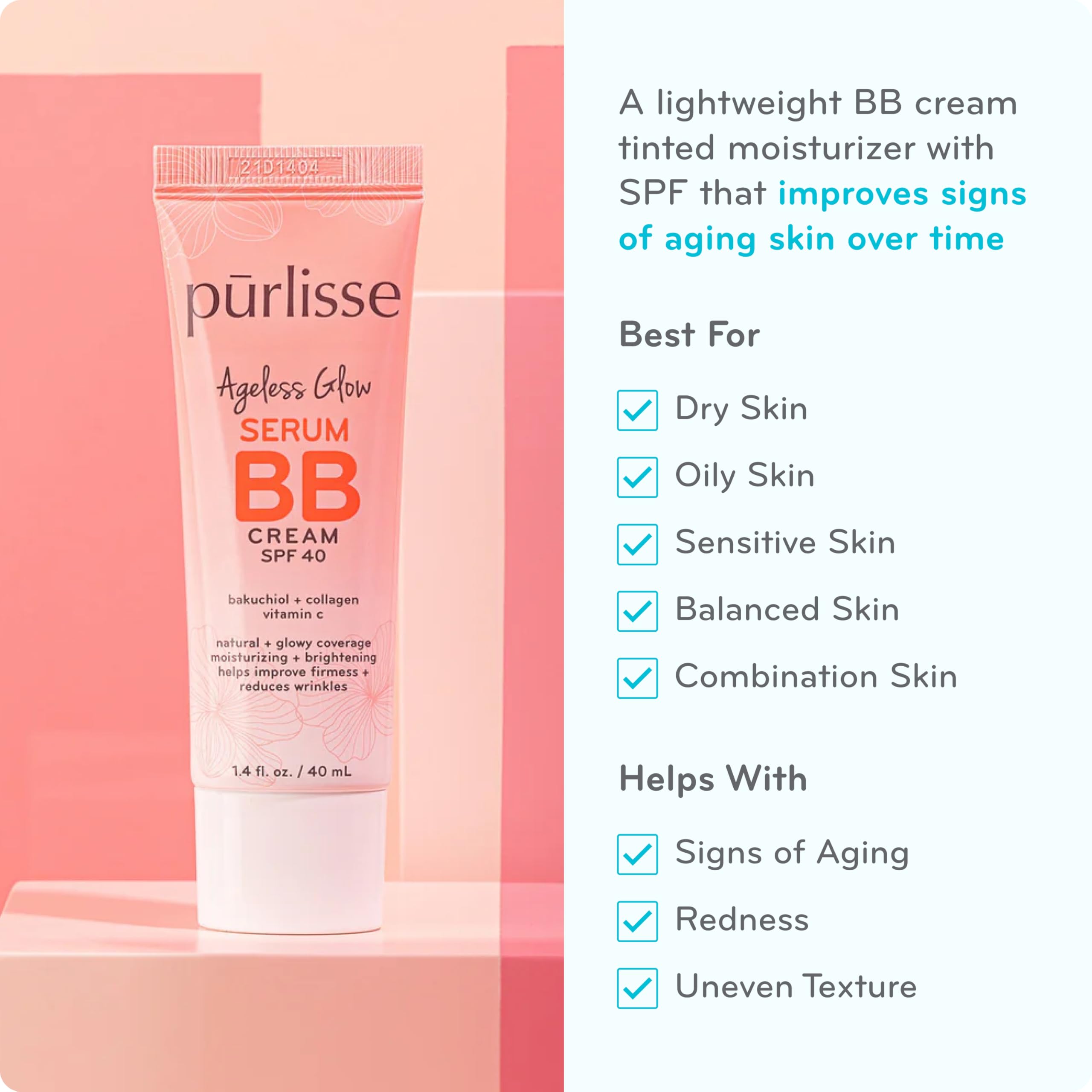 purlisse Ageless Glow Serum BB Cream SPF 40 - Glow BB Cream with SPF Enriched with Bakuchiol & Vitamin C to Help Improve Firmnes