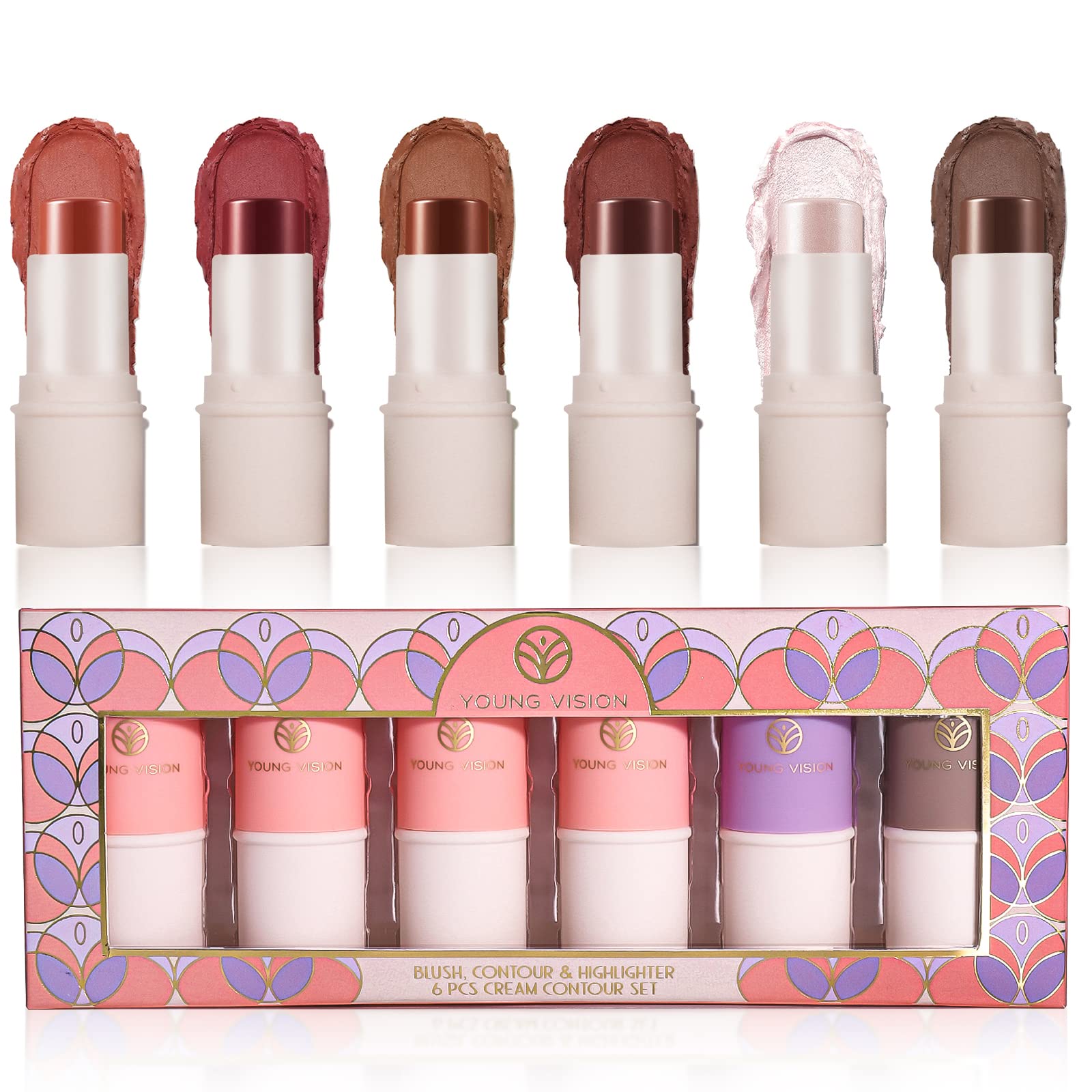 Young Vision Cream Contour Sticks Collection, 6 Colors Face Blush, Bronzer And Highlighter Makeup Set, Putty Blush Palette, Blen