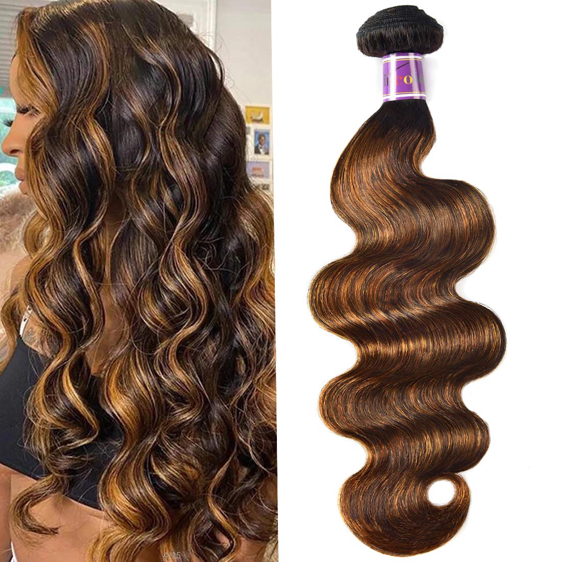 UNice Ombre Brown Highlight Body Wave Human Hair Weave 1 bundle 16 inch, Brazilian Remy Hair Dark Root Blonde Human Hair Weaves 