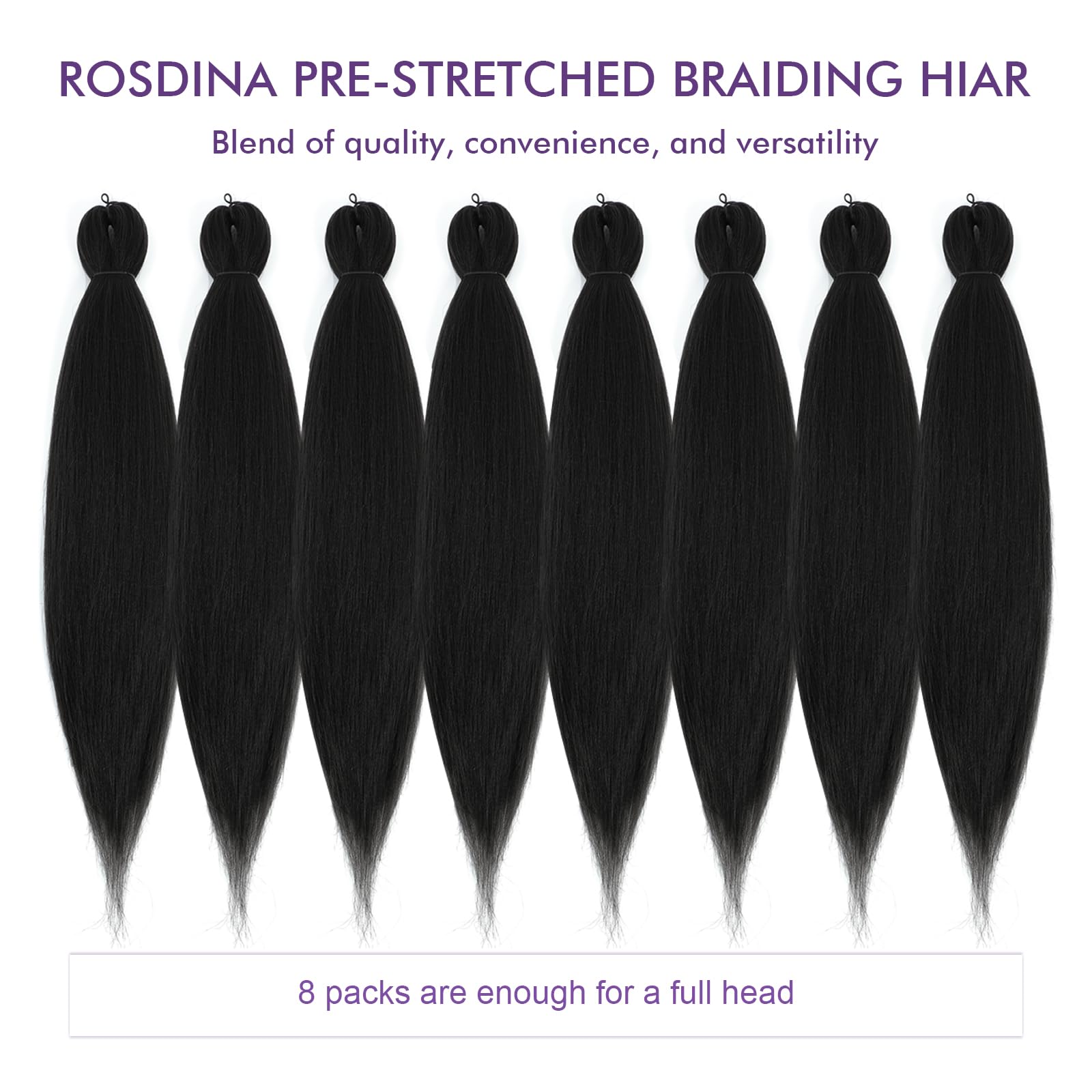 Rosdina Pre-Stretched Braiding Hair - 20 Inch 8 Packs Natural Black Long Braiding Hair For Twist Or Box Braids, Yaki Texture Hot