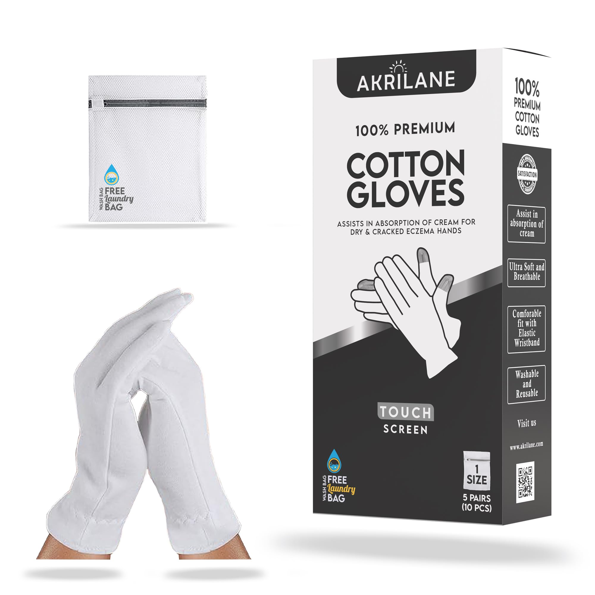 Touch Screen 1 Size Large 5 Pairs 100% Premium Cotton Gloves For Dry Hands | Moisturizing Overnight Gloves For Eczema, Psoriasis