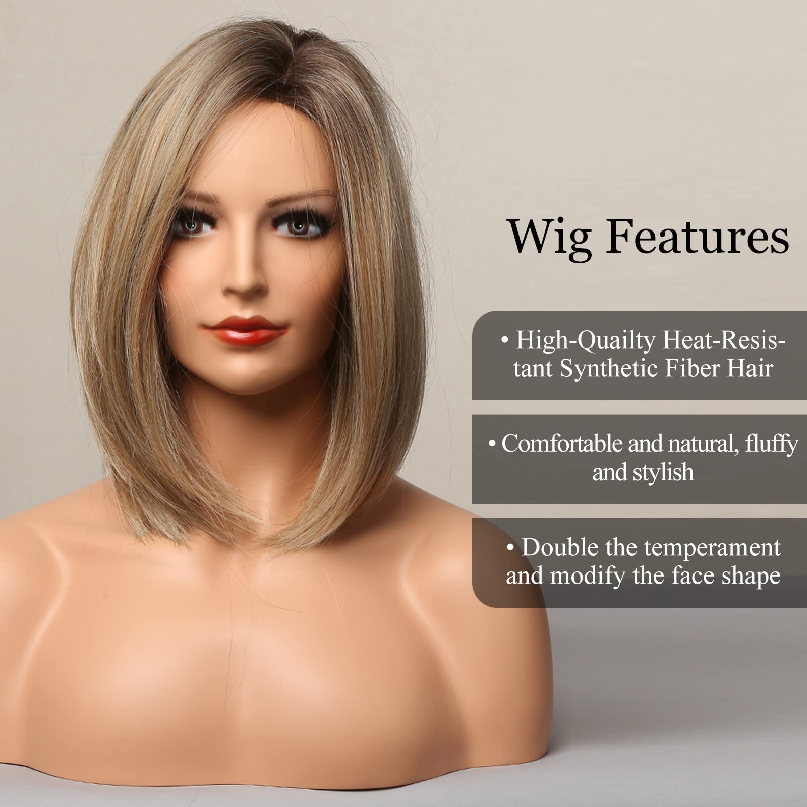 HAIRCUBE Ash Blonde Bob Wig Short Hair Side Parting Wig Hand-Tied Hairline Shoulder Length Ombre Wig Natural Looking Synthetic L
