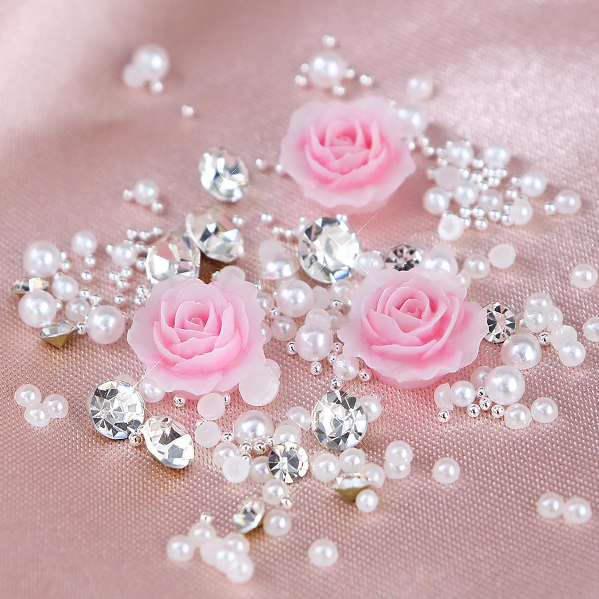 Pink Rose Flower Nail Art Charms With Rhinestone Decoration Mixed Pearls Gems Glitter Diamond Crystal Nail Ornaments For Valenti