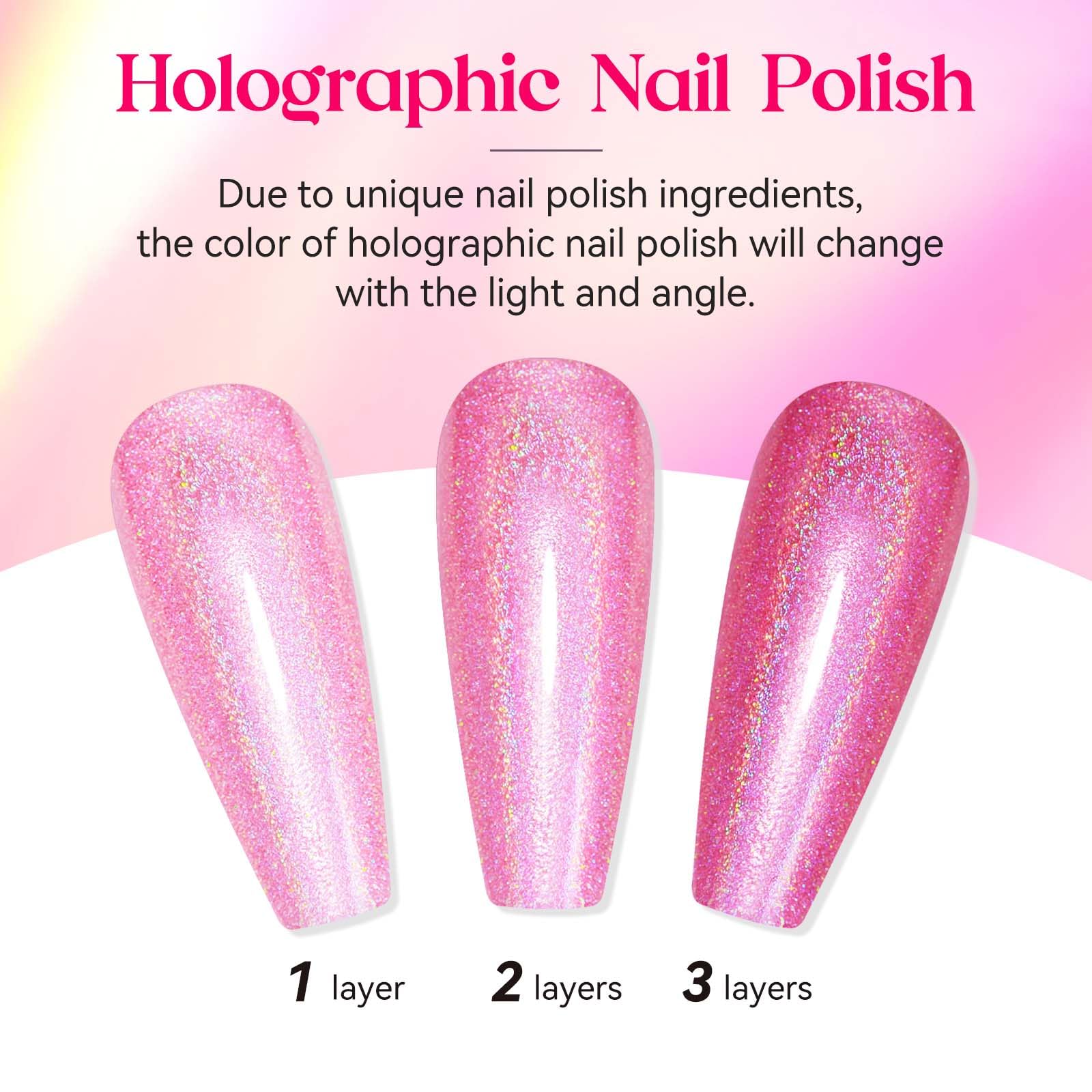 Mizhse Holographic Nail Polish, Pink Glitter Nail Polish Air Dry Fast, 15 Ml High Glossy Shimmer Nail Pigment Oil-Based Laser Ir