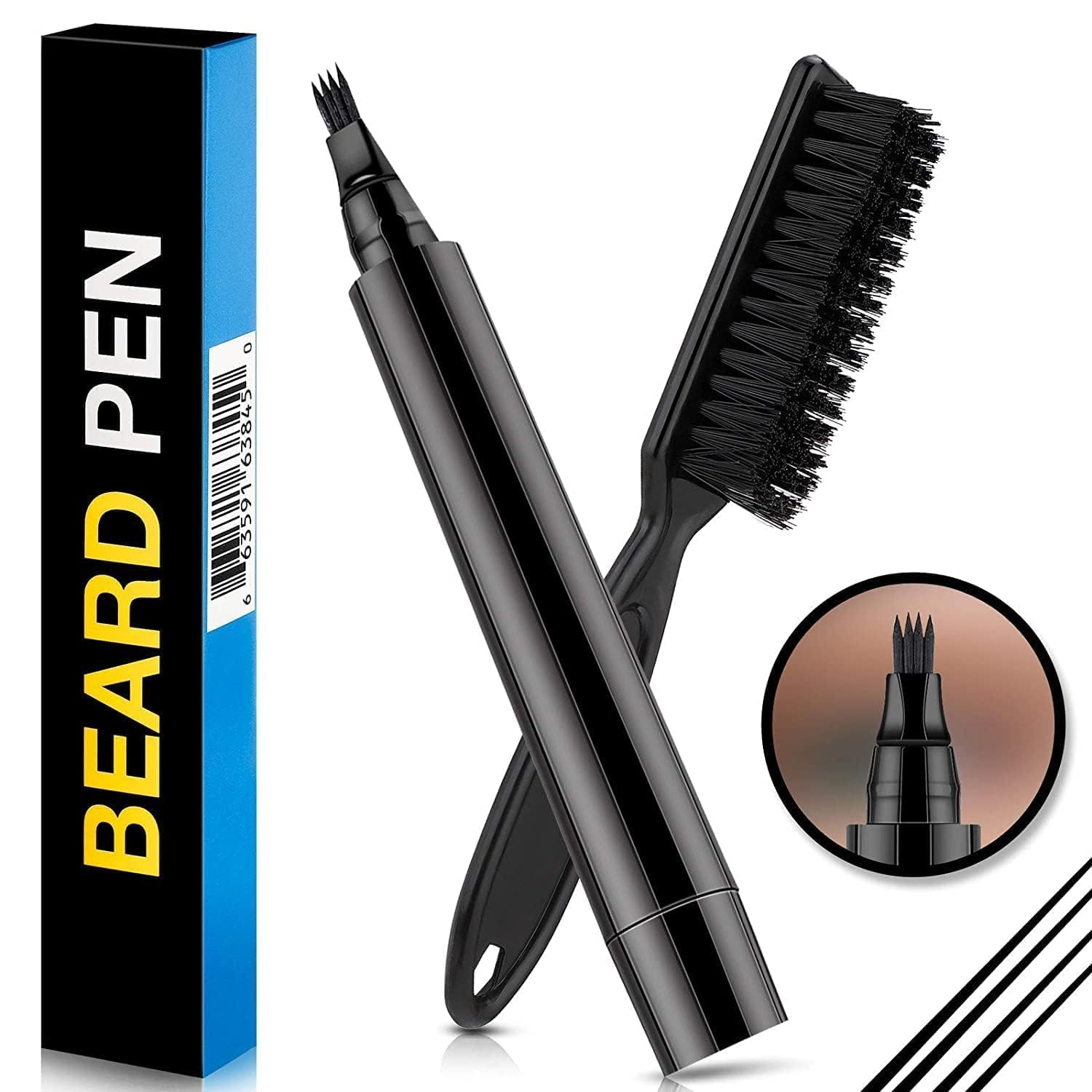 Beard Pencil Filler For Men With 4 Fork Tip Applicator & Beard Brush, Waterproof Sweat Resistant Beard Styling Pen For Patchy Be