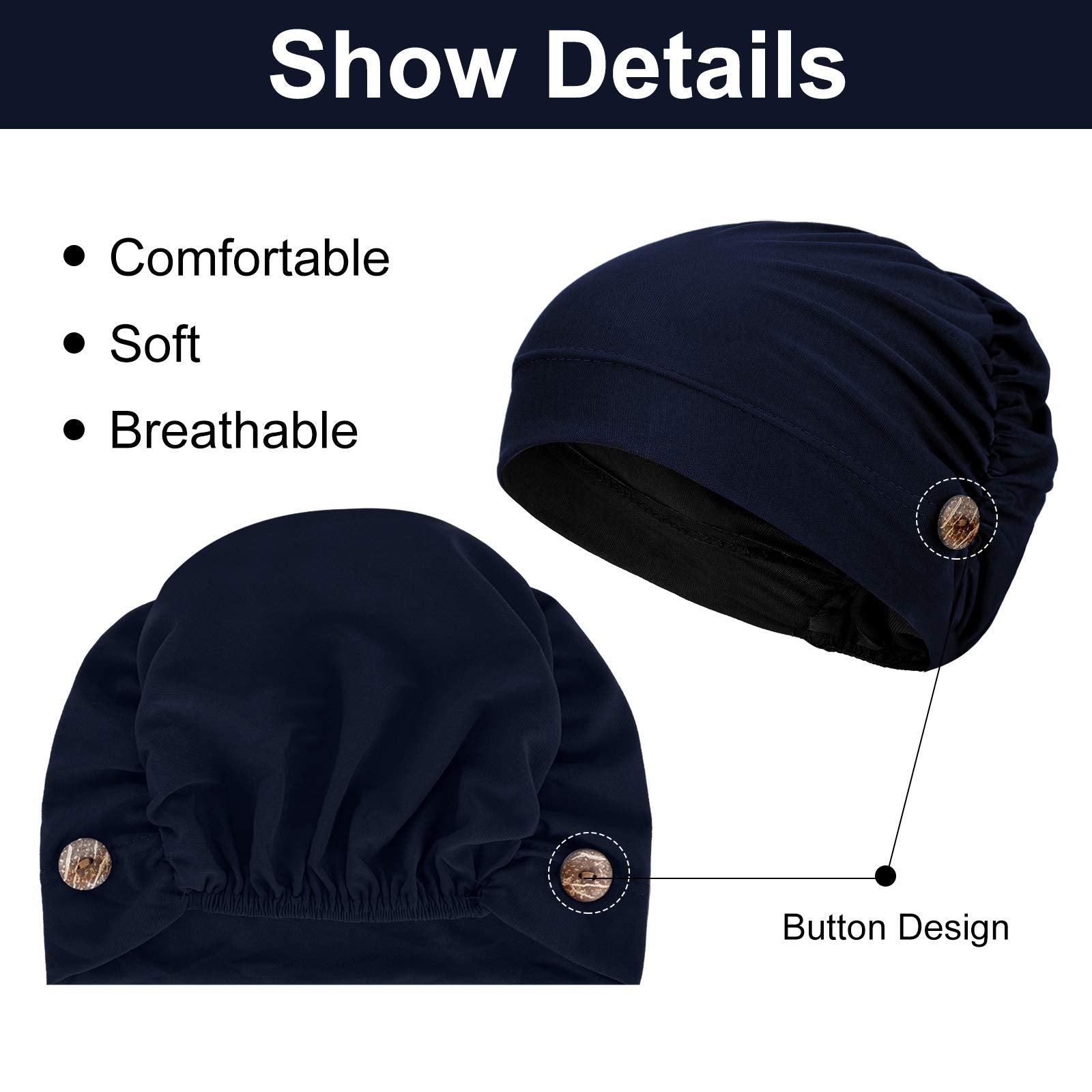 Geyoga 3 Pieces Bouffant Caps With Buttons Unisex Stretchy Headband Turban With Buttons For Women (Navy Blue)