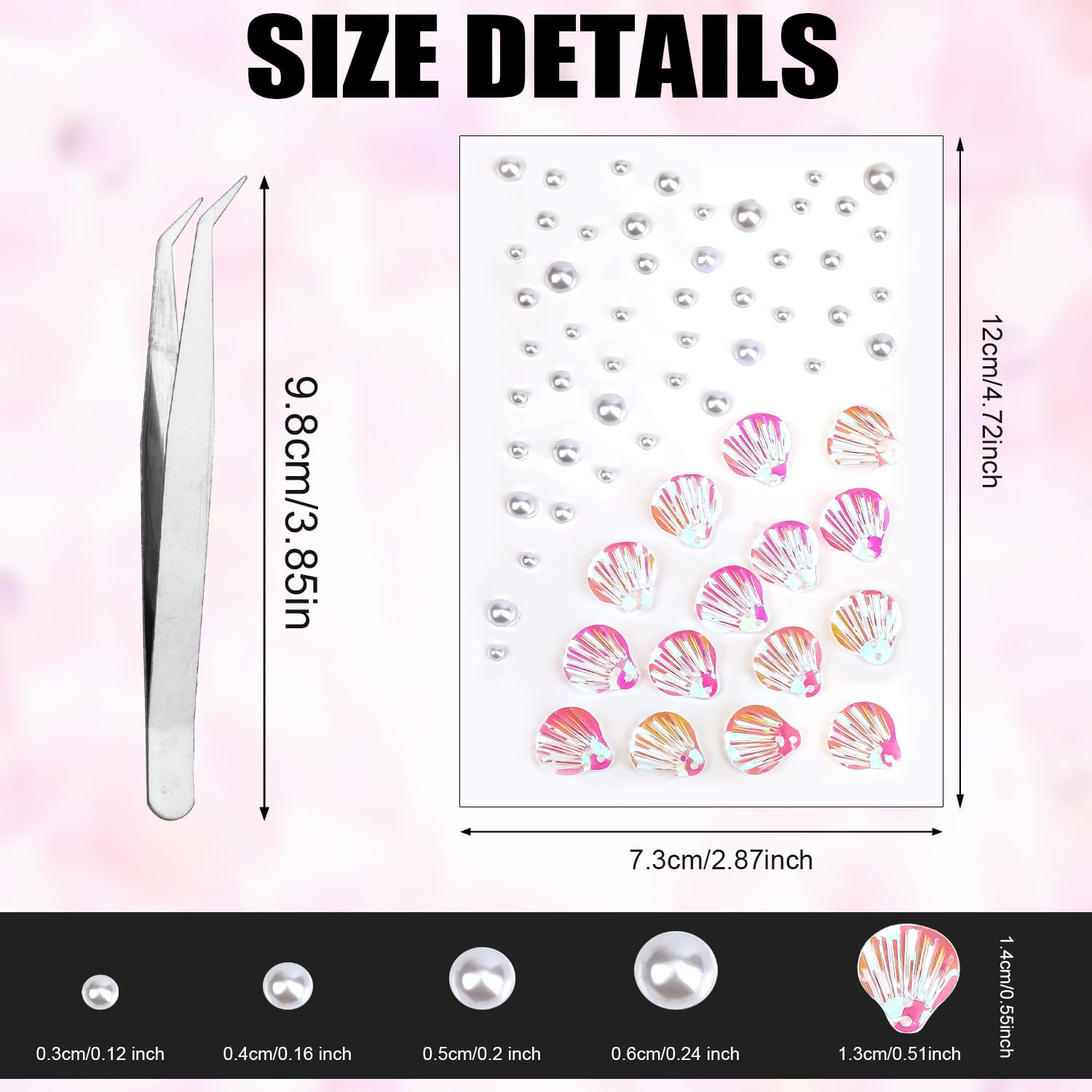 3/4/5/6 mm 61pcs Face Gems Stickers, with Pearl Round Diamond Jewels Diamonds Gemstones Stickers Festival Pink Shells Makeup Fac
