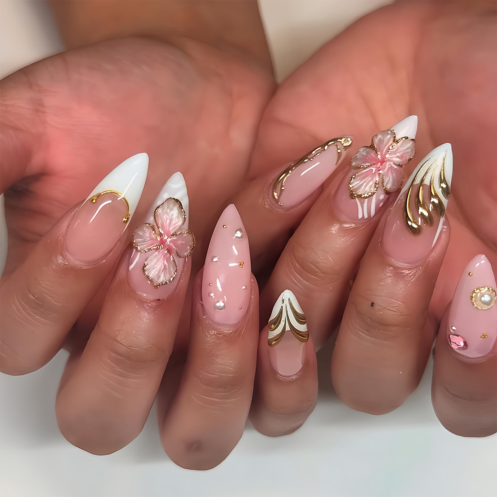 Almond Press On Nails 3D Design White French Tip Fall Nails Art for Women