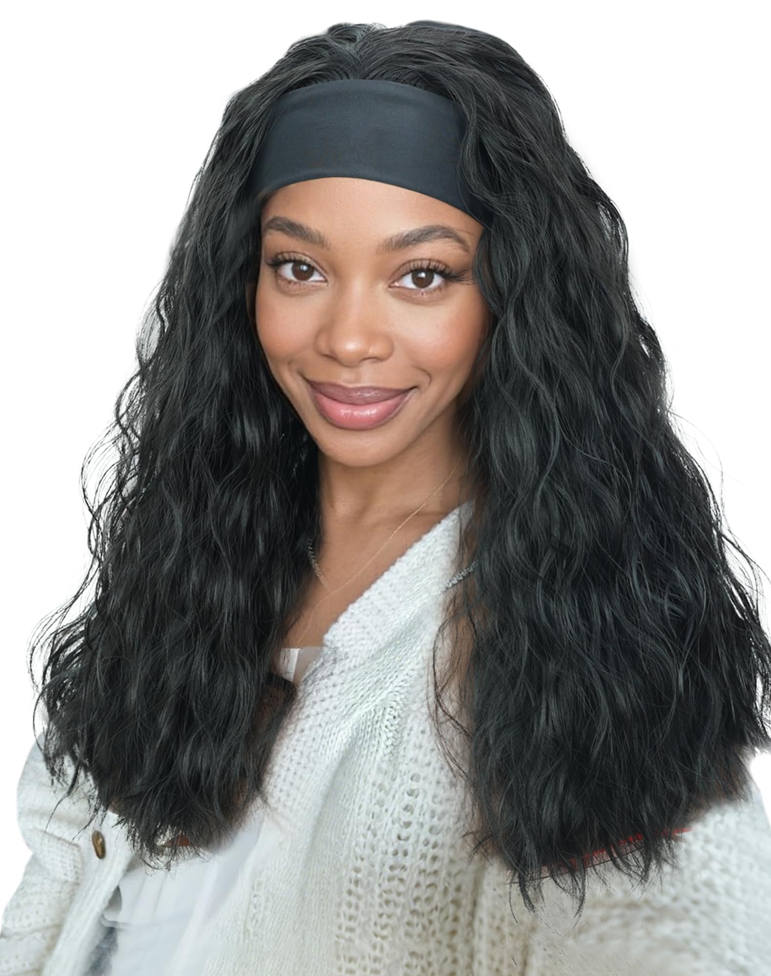 QUEENTAS 20 Inch Loose Body Wave Headband Wig, 1B Natural Black for Black Women, Glueless Wear and Go Synthetic Heat Resistant H
