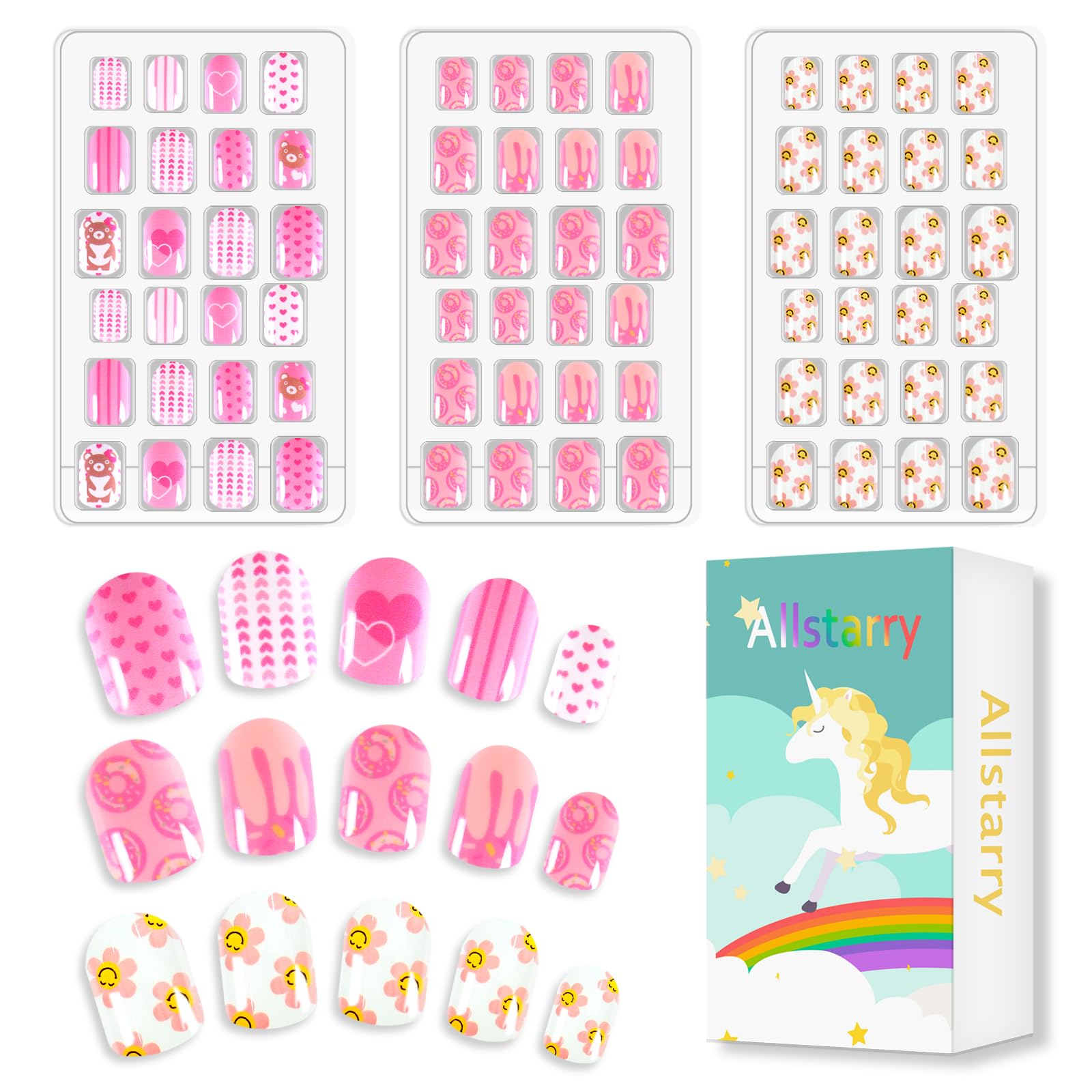 Allstarry 72pcs 3 pack Children Nails Press on Pre-glue Full Cover Bear Sunflower Doughnut Short False Nail Kits Lovely Gift for