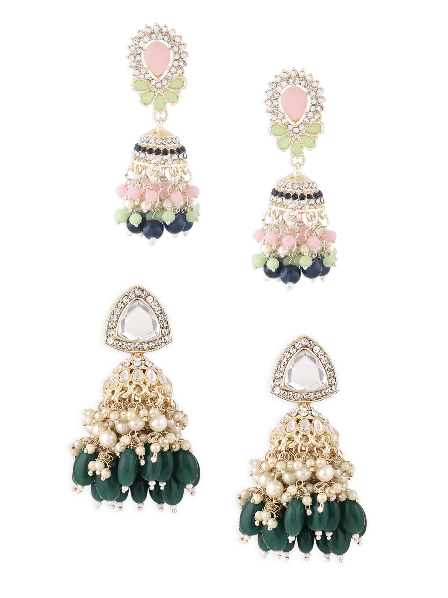 Zaveri Pearls Set Of 2 Multicolor Stones Beads Clustered Traditional Jhumka Earrings For WomenZpfk17984