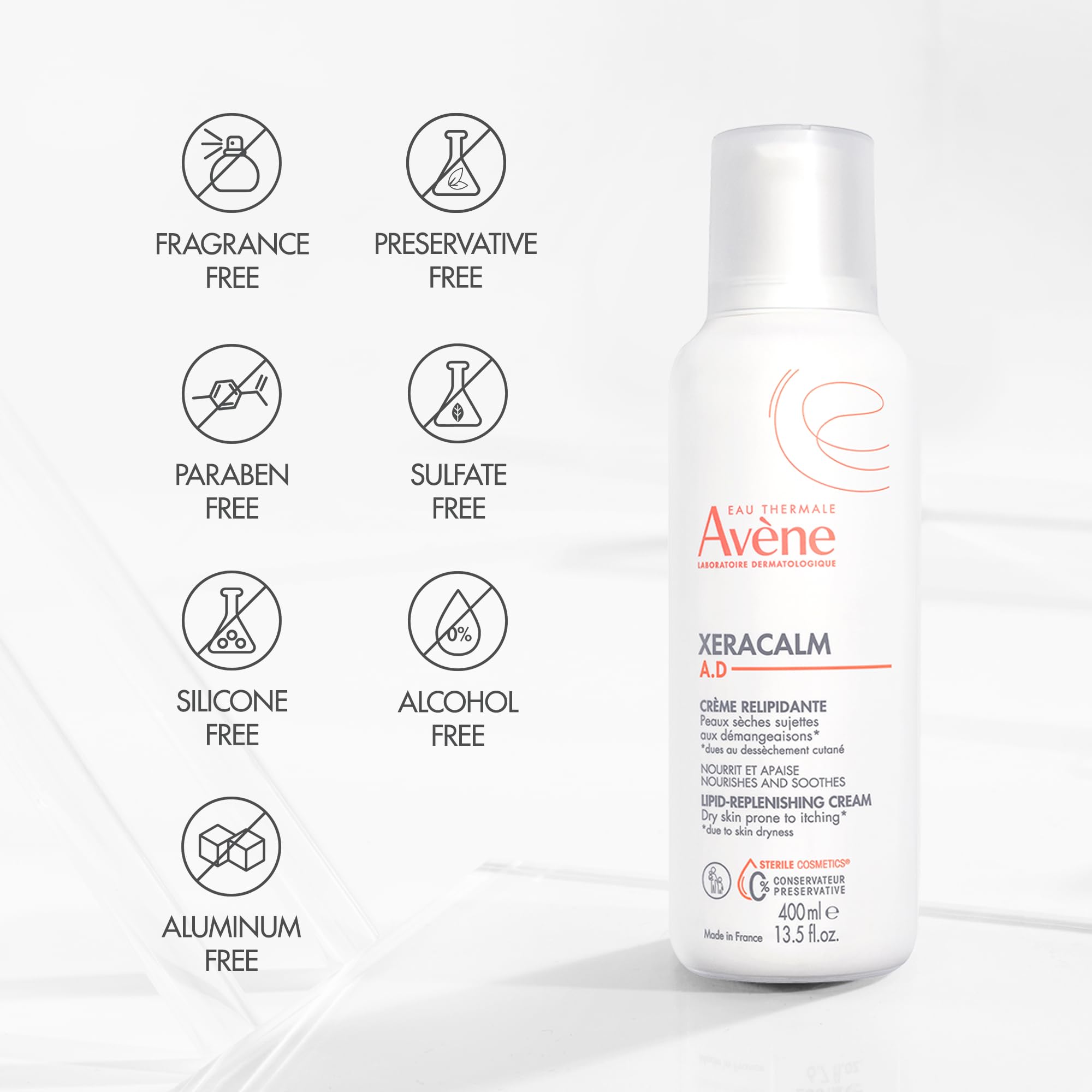 Eau Thermale Avane Xeracalm Ad Lipid-Replenishing Cream, Atopic Dermatitis, Eczema-Prone, No Preservatives, Fragrance-Free, Pump