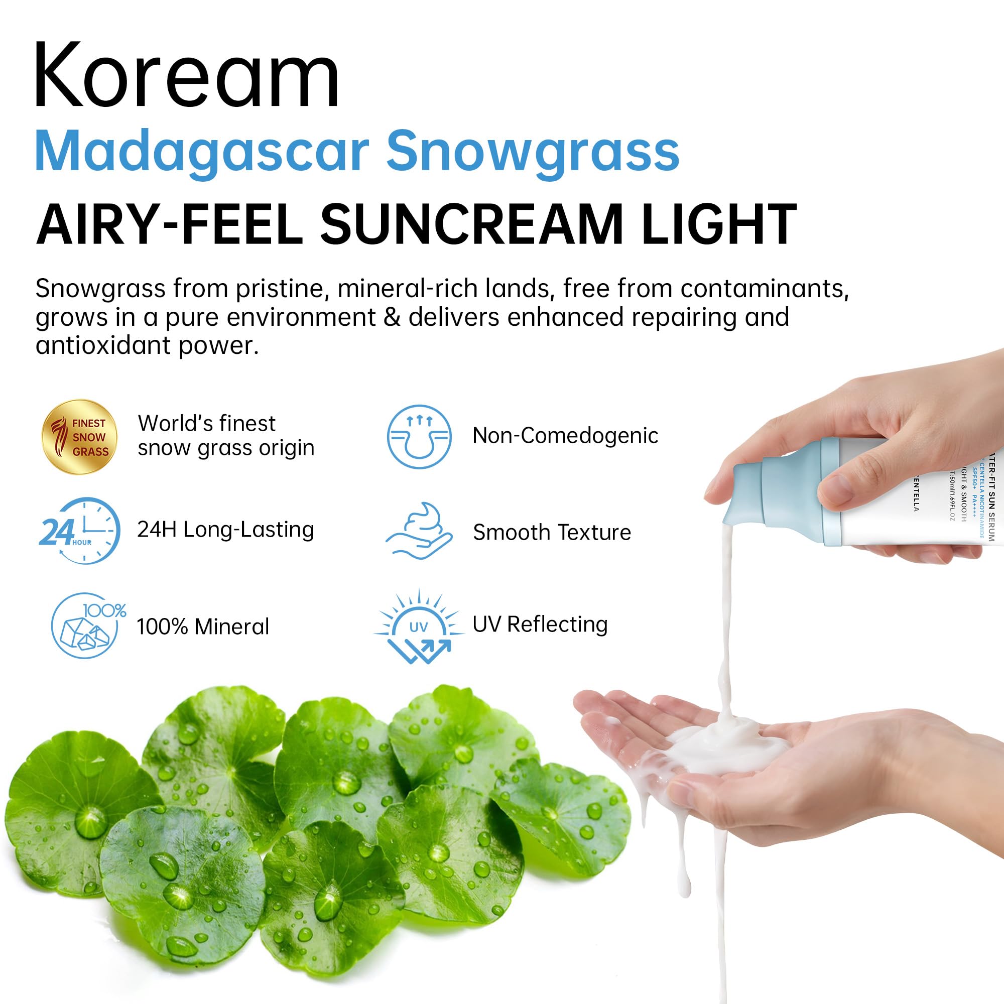 Korean Sunscreen for Face & Body - SPF 50+ Madagascar Centella Mineral Sunblock with Tinted Moisturizer, Hyaluronic Acid & Niaci
