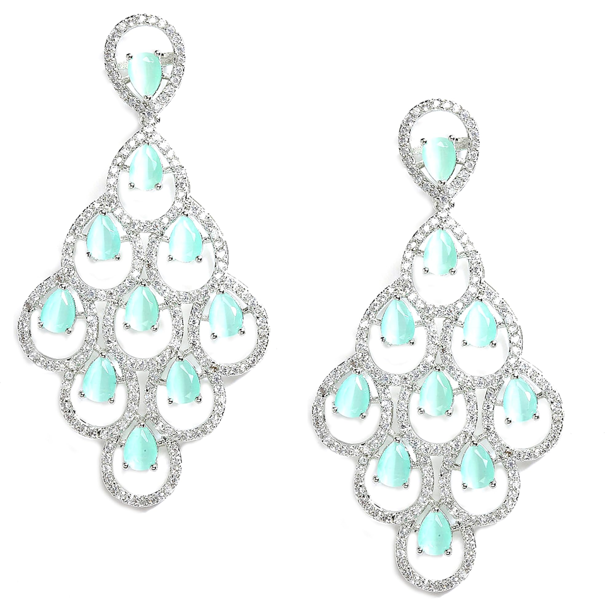 Zeneme Rhodium Plated Silver Toned American Diamond Studded Contemporary Drop Earrings Jewellery (Mint Green) For womens