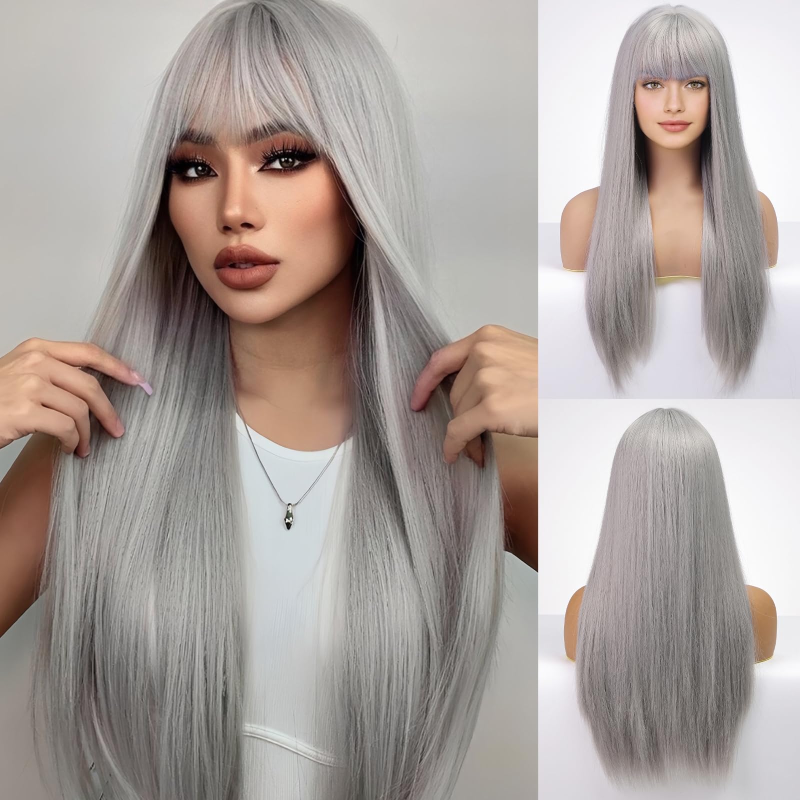 EMMOR Grey Wig With Bangs For Women Long Straight Wigs Synthetic Layered Hairstyle For Girls Party Cosplay And Daily Use(26'' Si