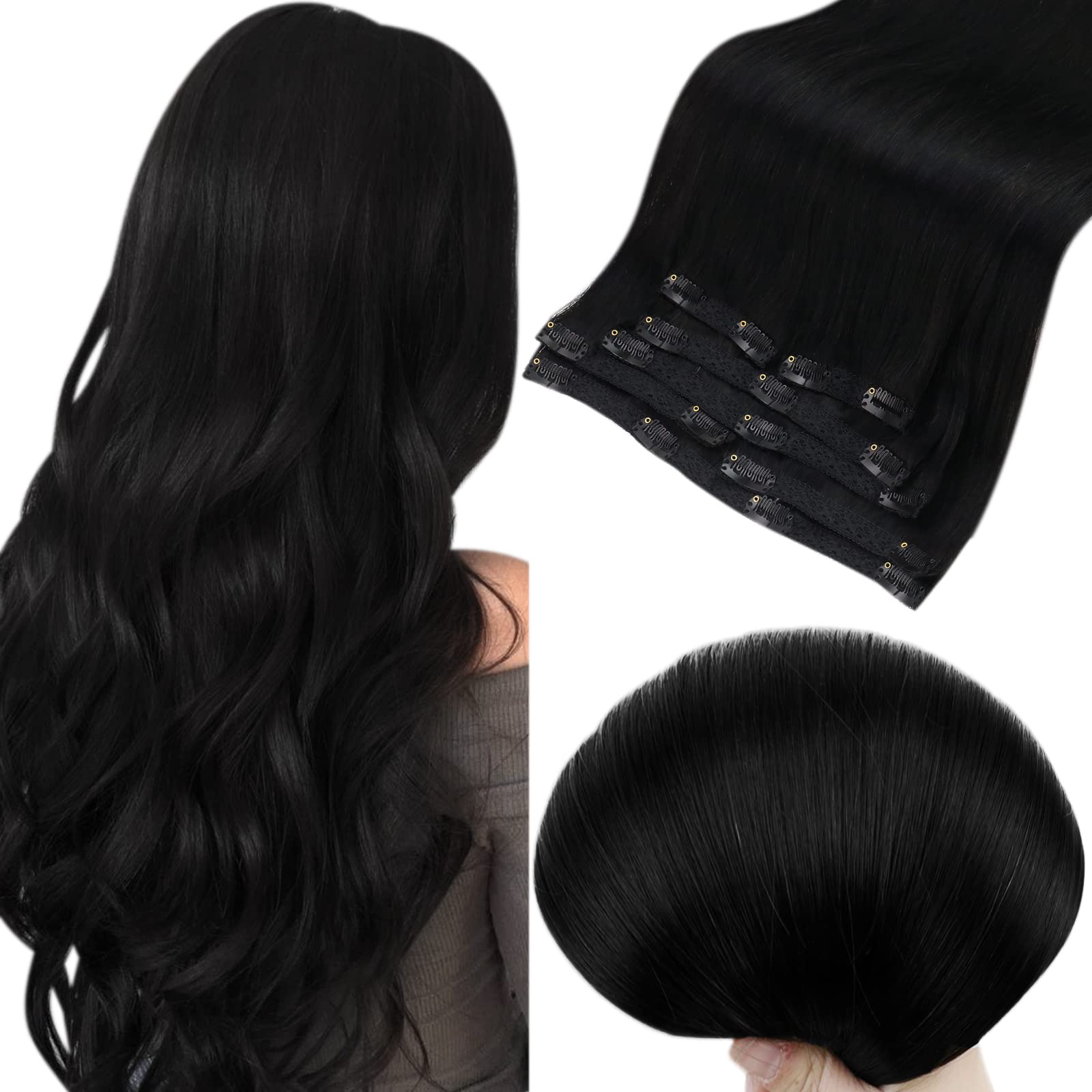 Fshine Black Clip in Hair Extensions Real Human Hair 16 Inch Jet Black Remy Hair Extensions Clip in Human Hair Soft Straight Hai
