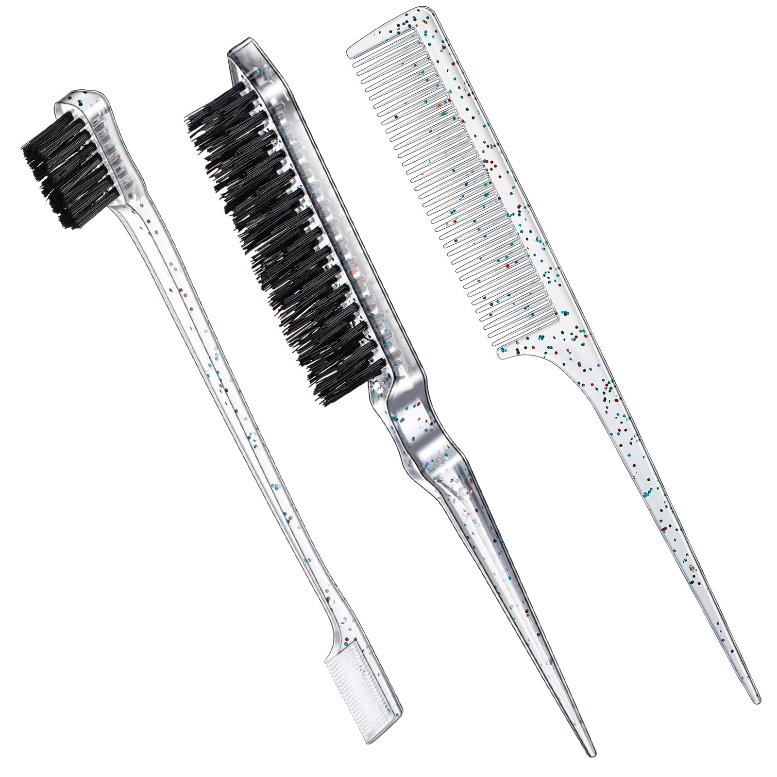 Geiserailie 3 Pcs Slick Back Hair Brush Set Bristle Brush Edge Control Teasing Comb for Women Black Hair(Clear Red)