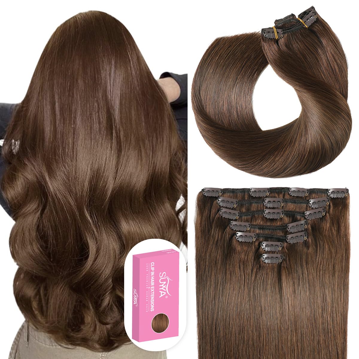 SUYYA Clip in Hair Extensions Real Human Hair,Human Hair Extensions Clip ins Straight Hair Extensions Clip ins Double Weft Human