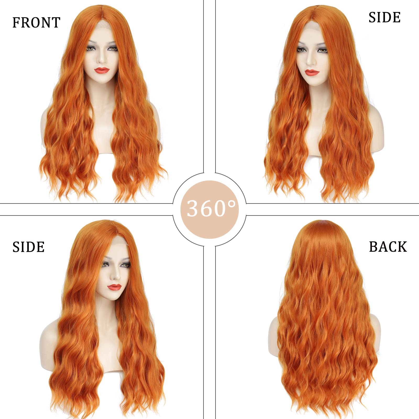 Ybymcai Long Orange Wavy Wigs For Women Middle Part 26 Inch Natural Curly Synthetic Wig Heat Resistant Fiber Wigs For Daily Part