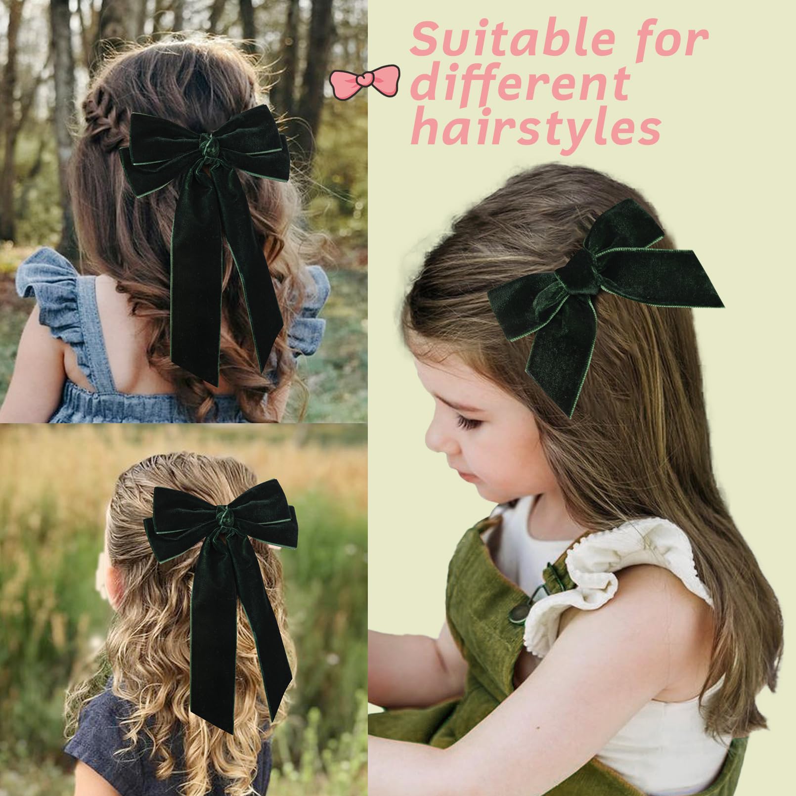 3 Pcs Velvet Bows Hair Clip Ribbon Green Accessories Ponytail Holder Hair Bow For Women Girls Toddlers Teens Kids
