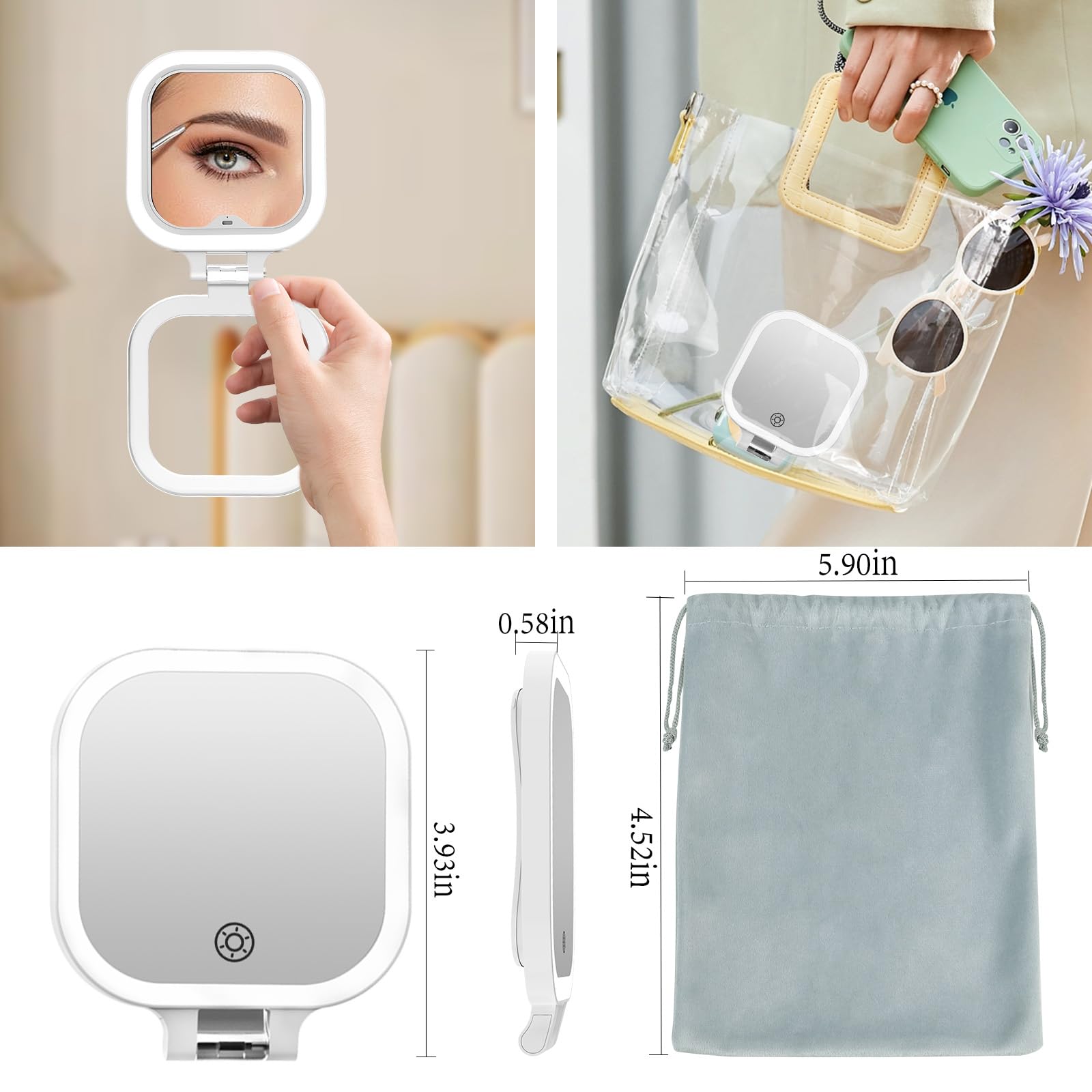 Funtouch Compact Travel Lighted Makeup Mirror, Rechargeable Double-Sided 1X10X Magnification Mirror With 3 Lights, Handheld Tabl
