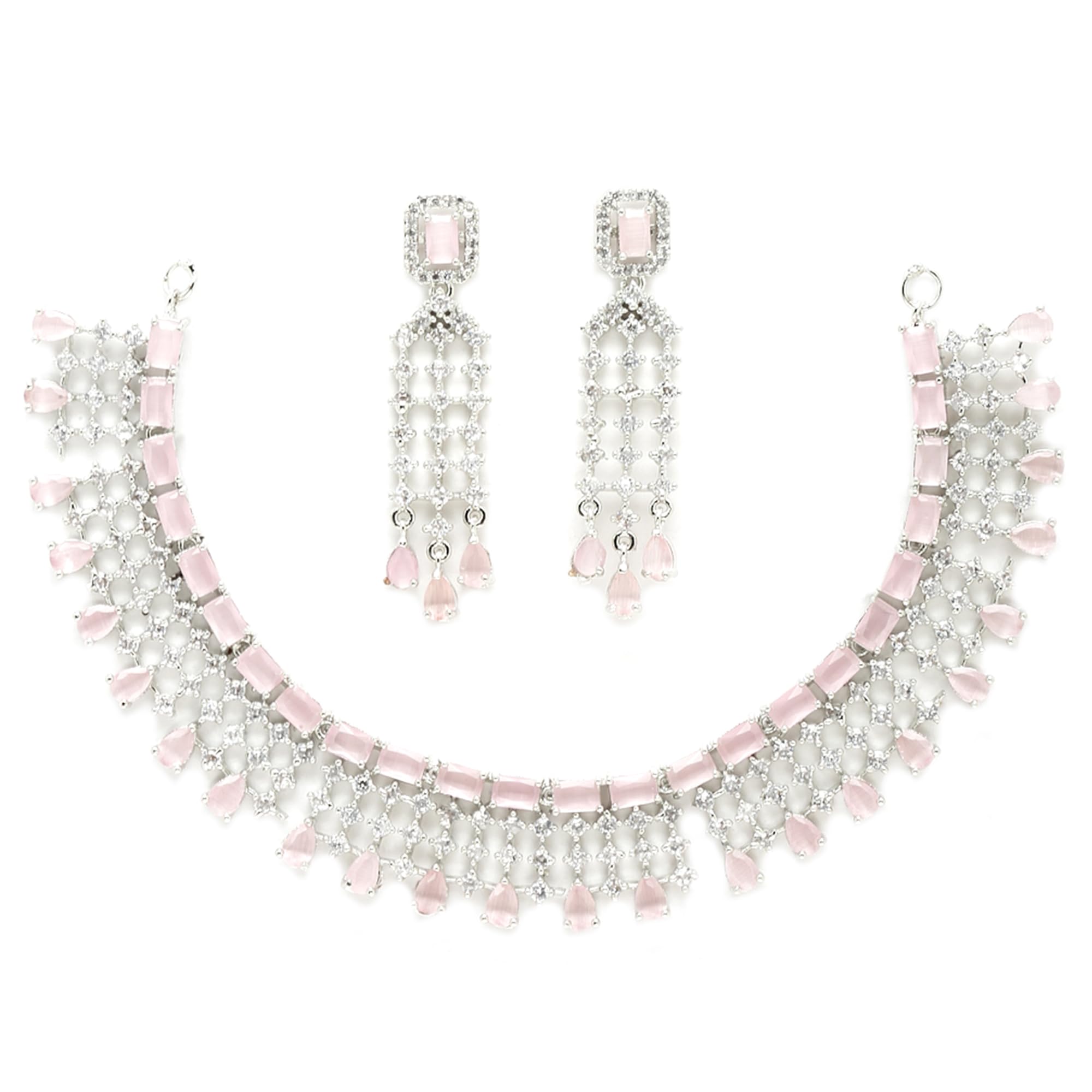 ZENEME Jewellery American Diamond Floral Design Choker Necklace Set With Earring For Women and Girls (Pink Rhodium)