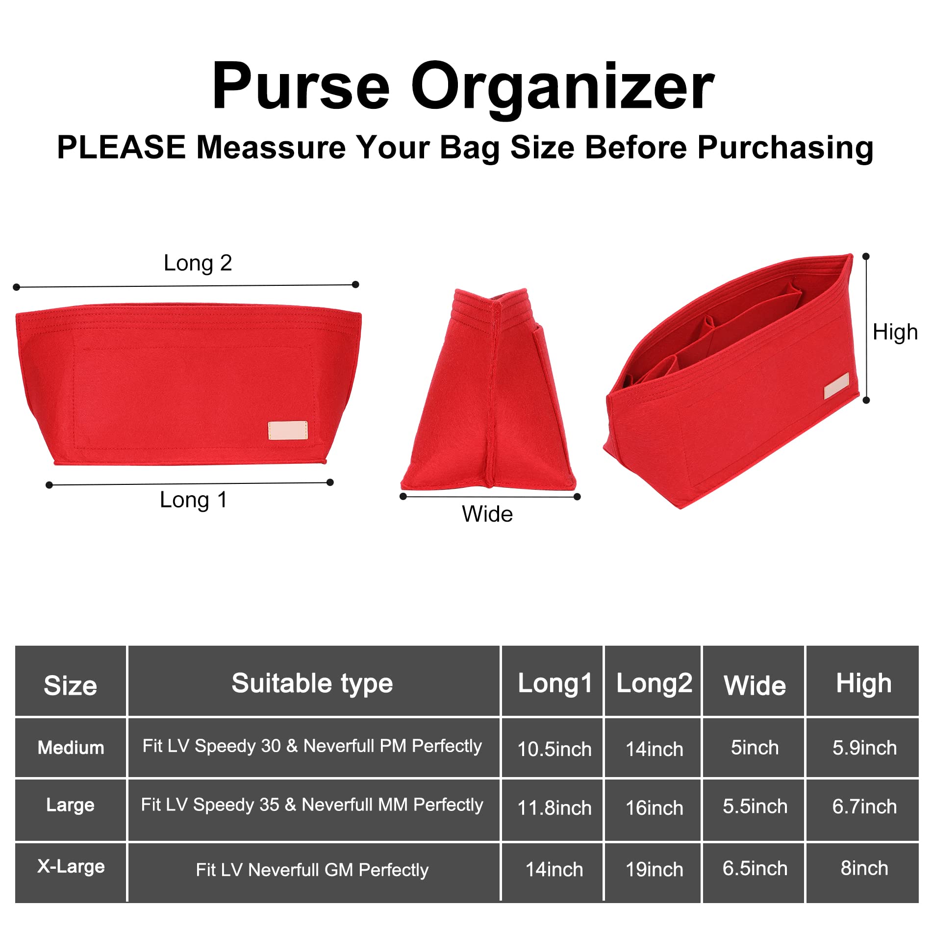 Doxo Purse Organizer Insert Handbag & Tote Felt Bag Fits L Neverfull GM & Base Shaper 2pc Set (X-Large, Red-Combination)