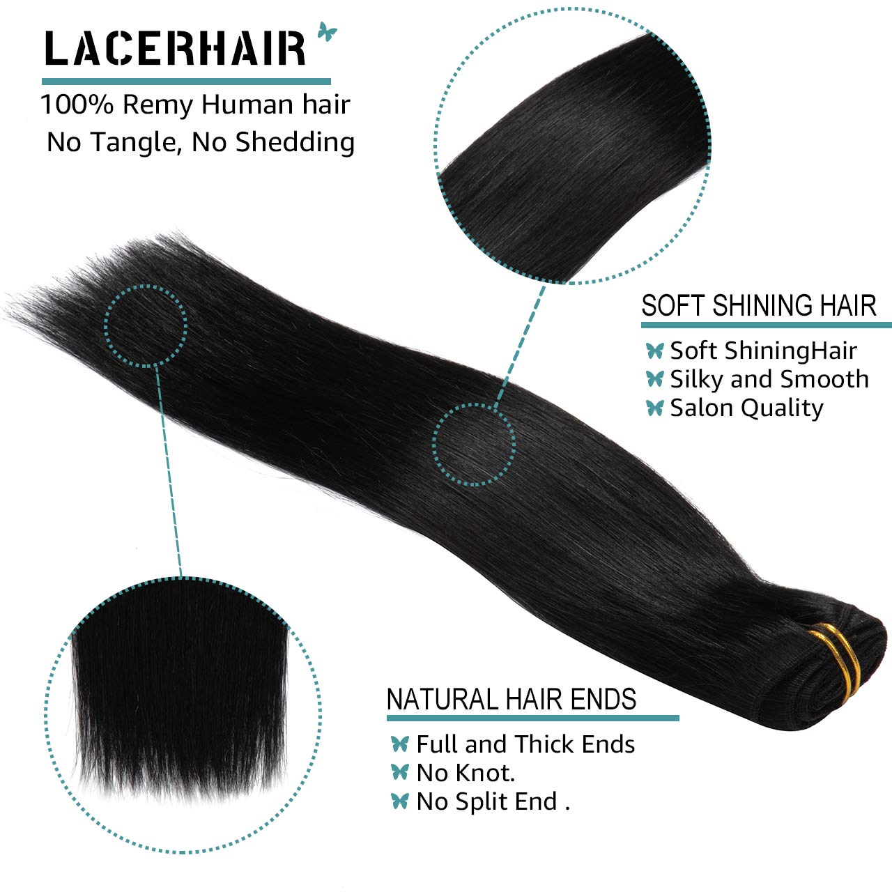 Lacer 22 Inch Full Head Silky Straight 100% Human Hair Clip in Extensions in Jet Black #1 7Pieces 140g Double Weft Extensions La