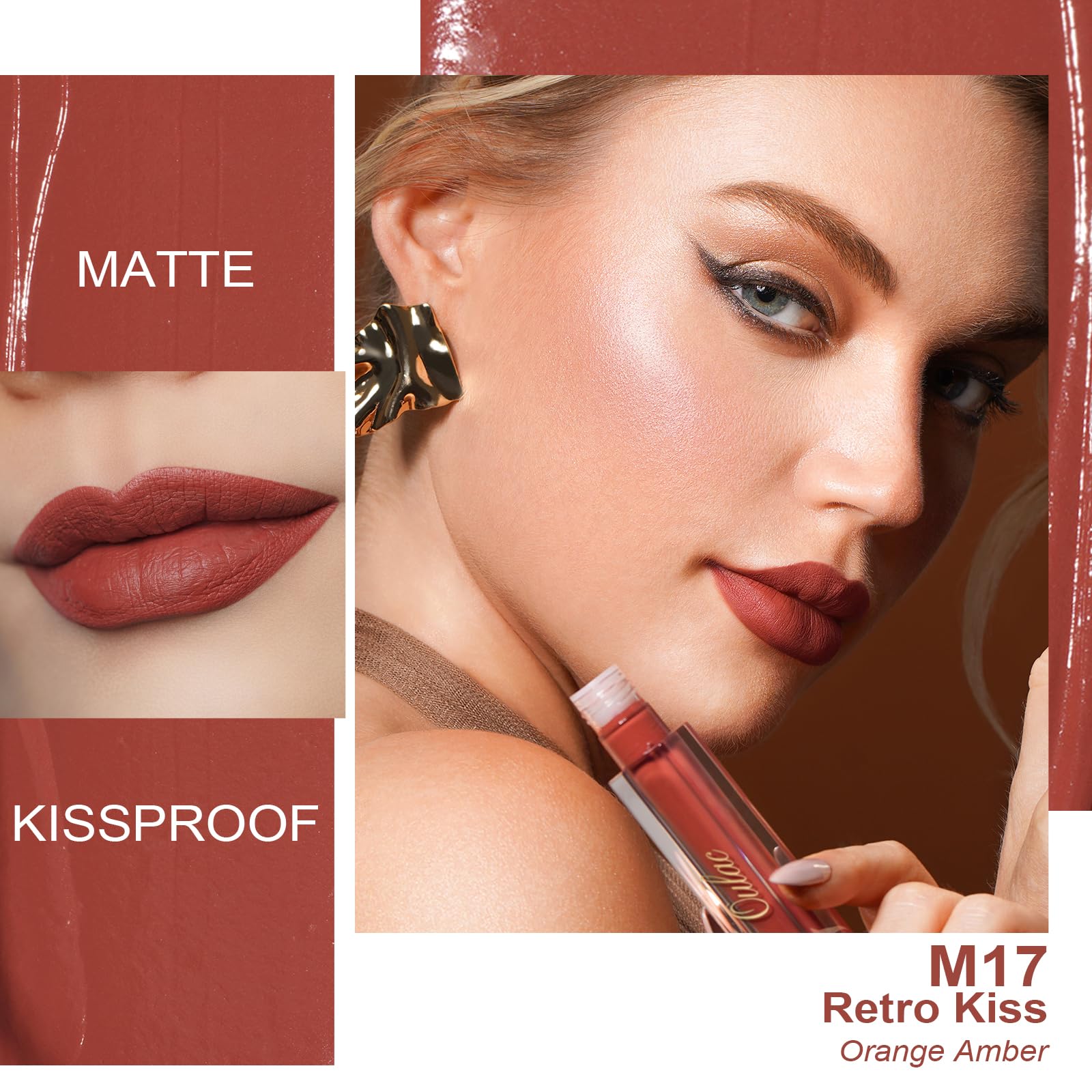 Oulac Matte Liquid Red Lipstick For Women, Orange Tone Red Long Lasting Lipstick, Waterproof Lip Stain, No Transfer, Creamy High