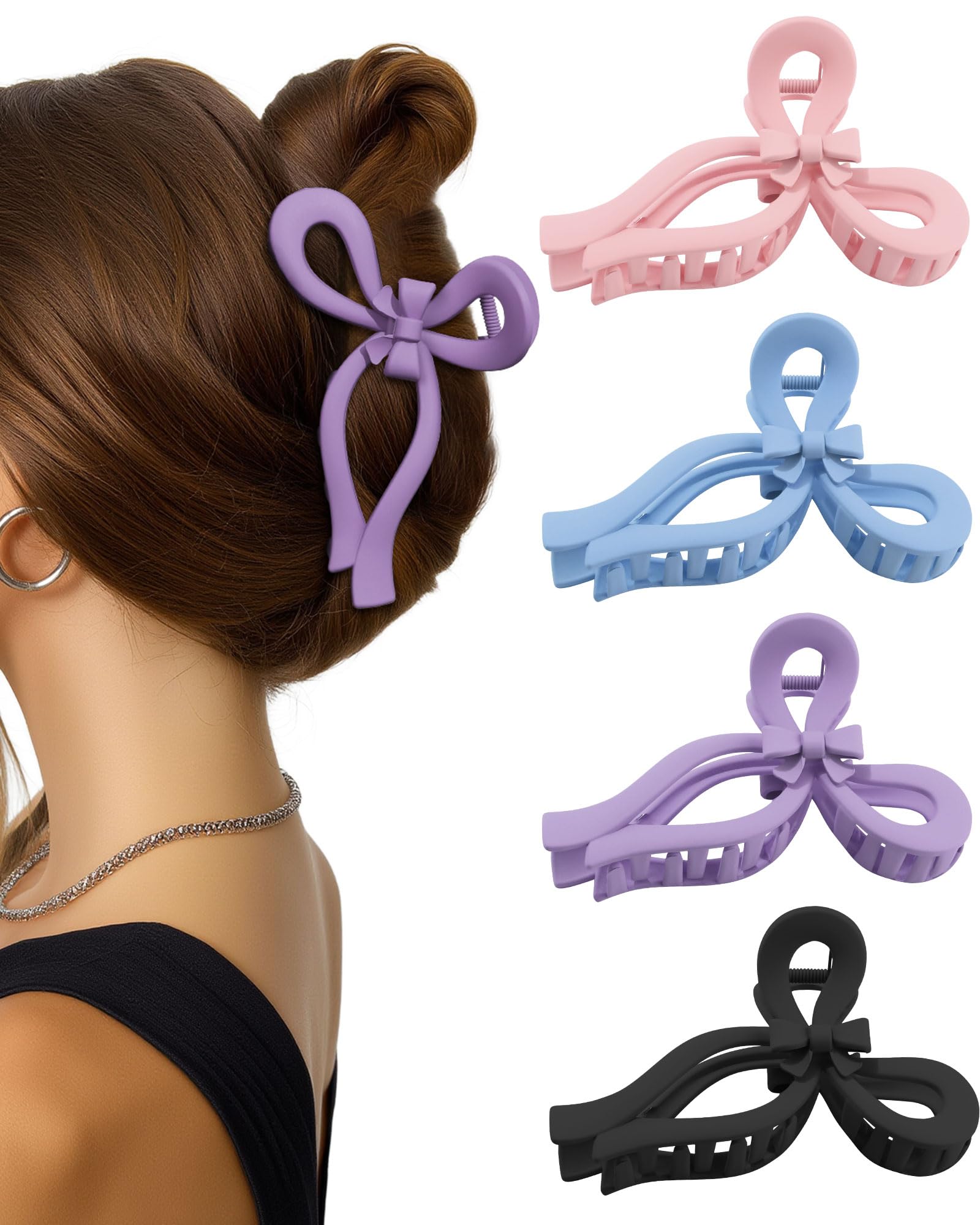 4 PCS Bow Hair Clips for Women Bow Claw Clip 5 Large Hair Claw Clips for Thick and Long Hair Cute Bows Jaw Clip (Blue + Purple +