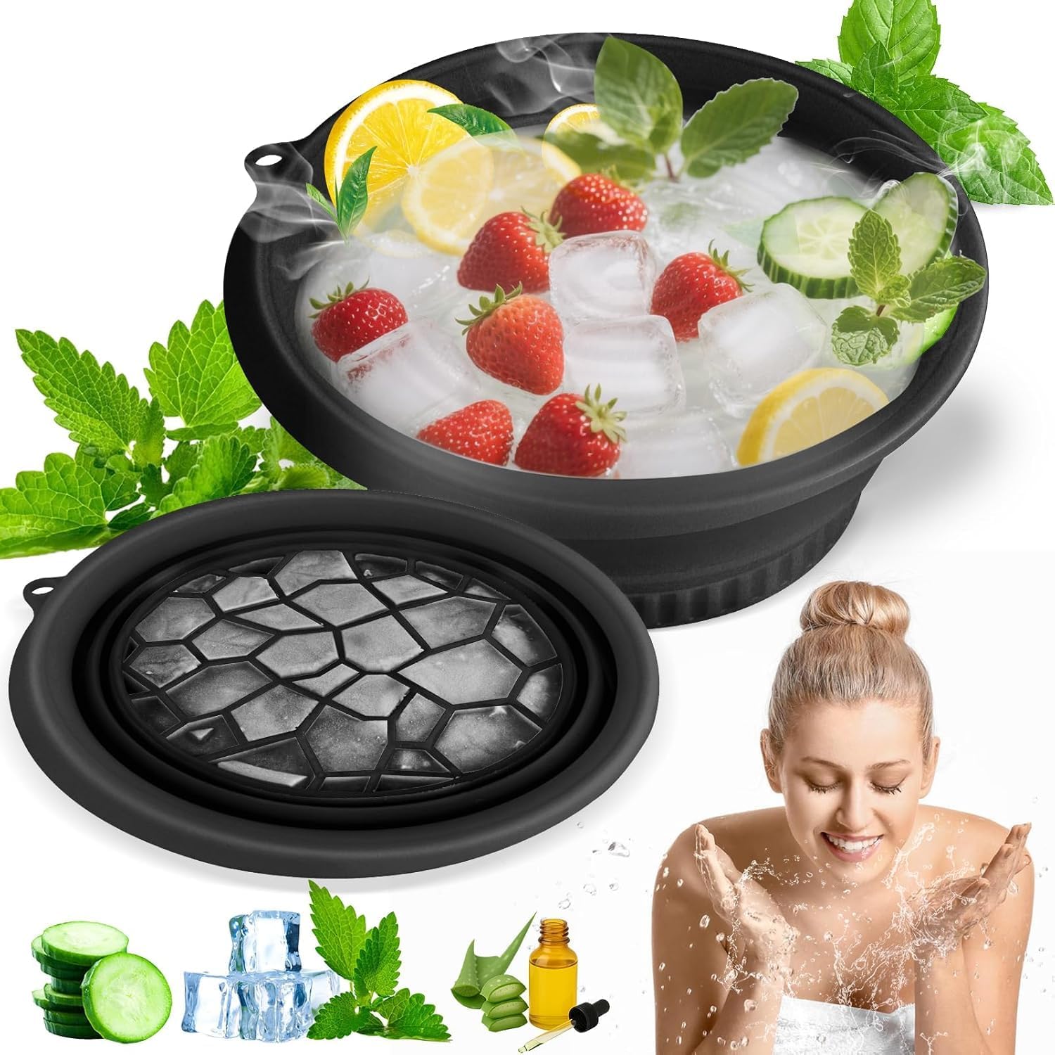 Stl Collapsible Silicone Face Ice Bowl With Built In Ice Tray, Portable Facial Ice Bath Container For Skincare Routine And Home 