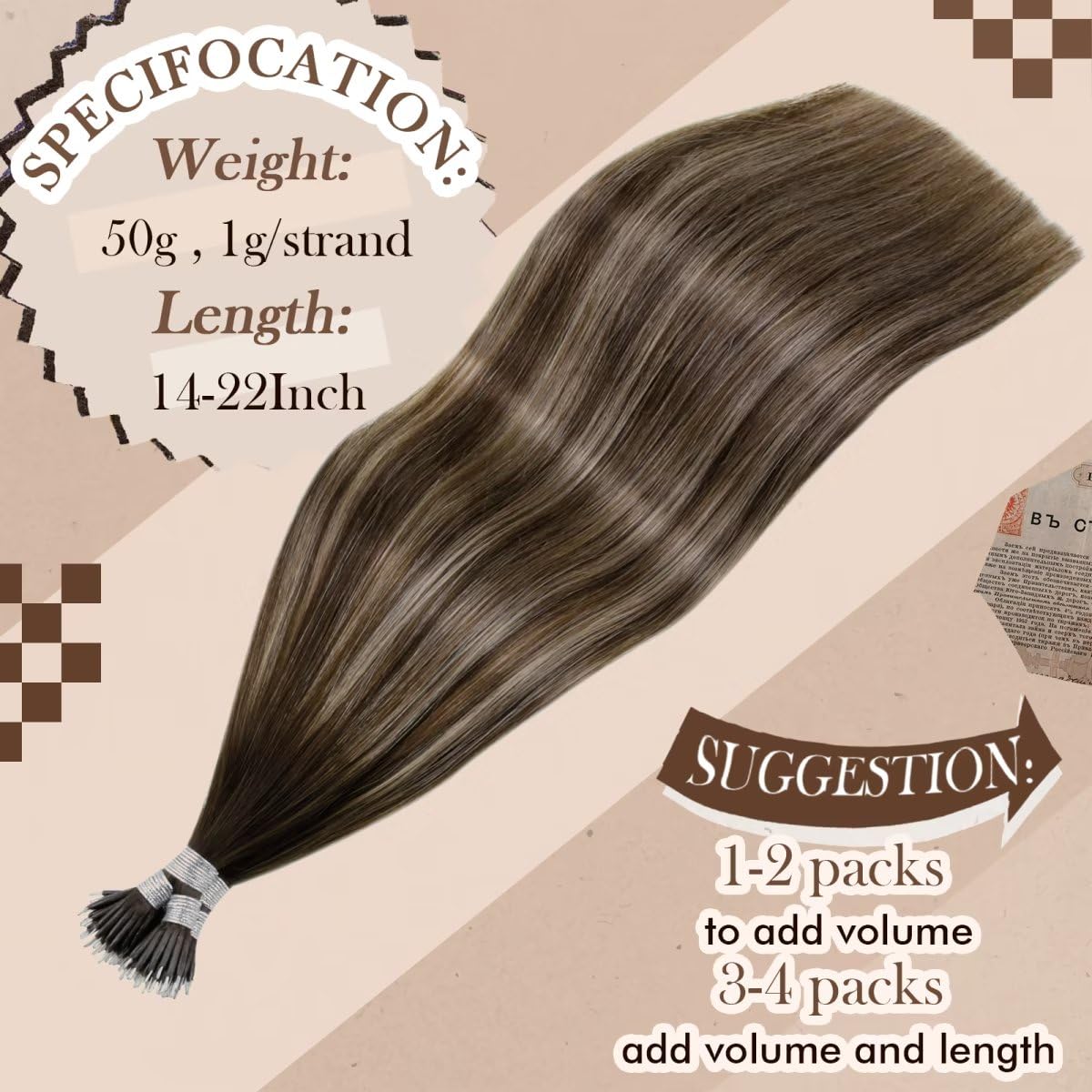 Hetto Nano Ring Human Hair Extensions Balayage Nano Beads Hair Extensions Human Hair #4/18/4 Ash Blonde Dark Brown Nano Tip Hair