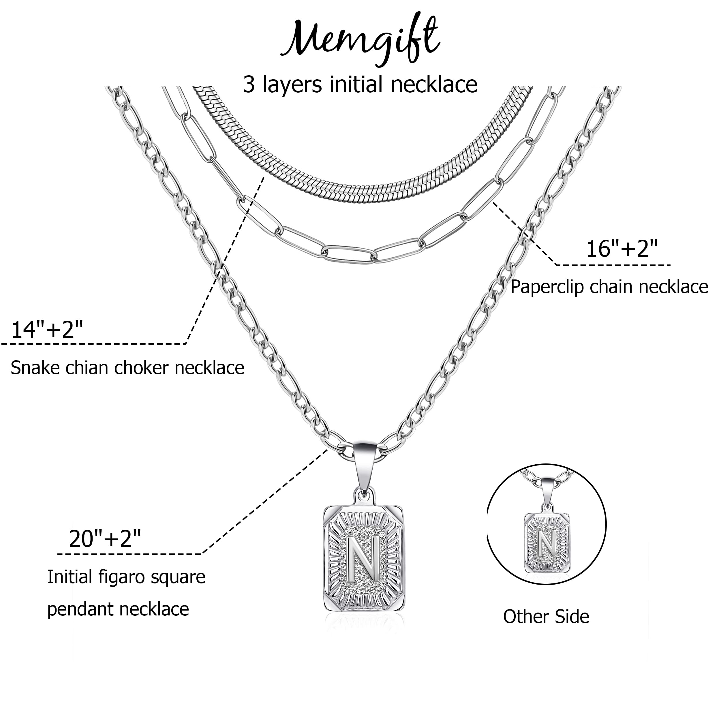 Memgift Layered Initial Necklaces for Women Dainty Trendy Paperclip Snake Choker Silver Stainless Steel Figaro Chain Jewelry Gif