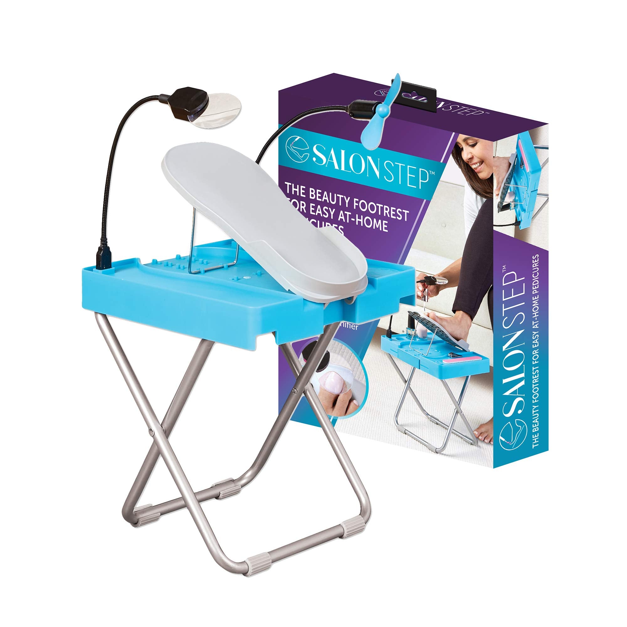 Salon Step The Beauty Footrest for Easy At-Home Pedicures, Treat Your Feet, No More Bending or Stretching with LED Magnifier, Dr