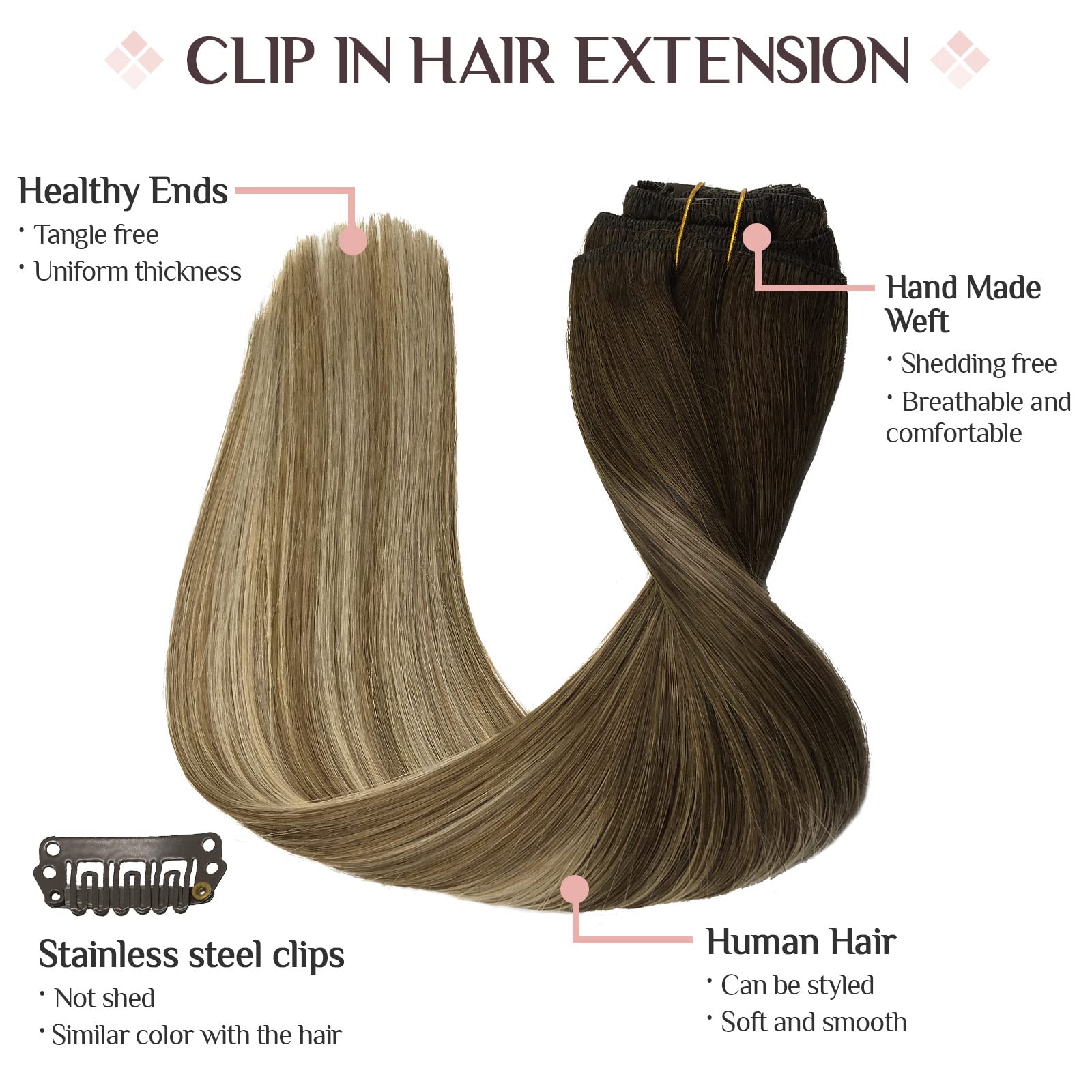 Clip In Hair Extensions Real Human Hair, 7Pcs 120G 18 Inch, Walnut Brown To Ash Brown And Bleach Blonde Maxita Remy Hair Extensi