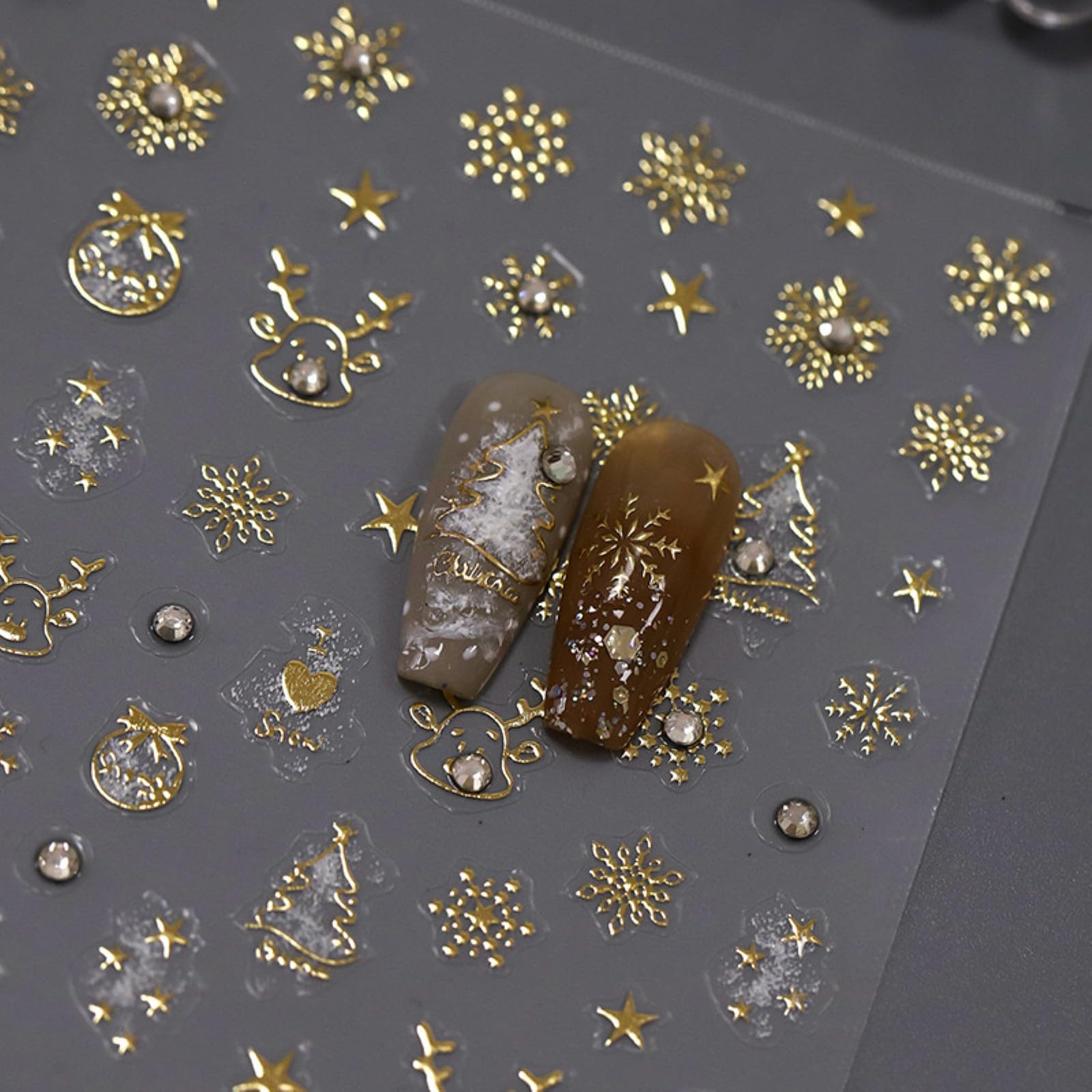 Christmas Nail Art Stickers 5D Embossed Gold Snowflake Nail Stickers Self-Adhesive Elk Wreath Xmas Tree Rhinestone Star Elk Nail