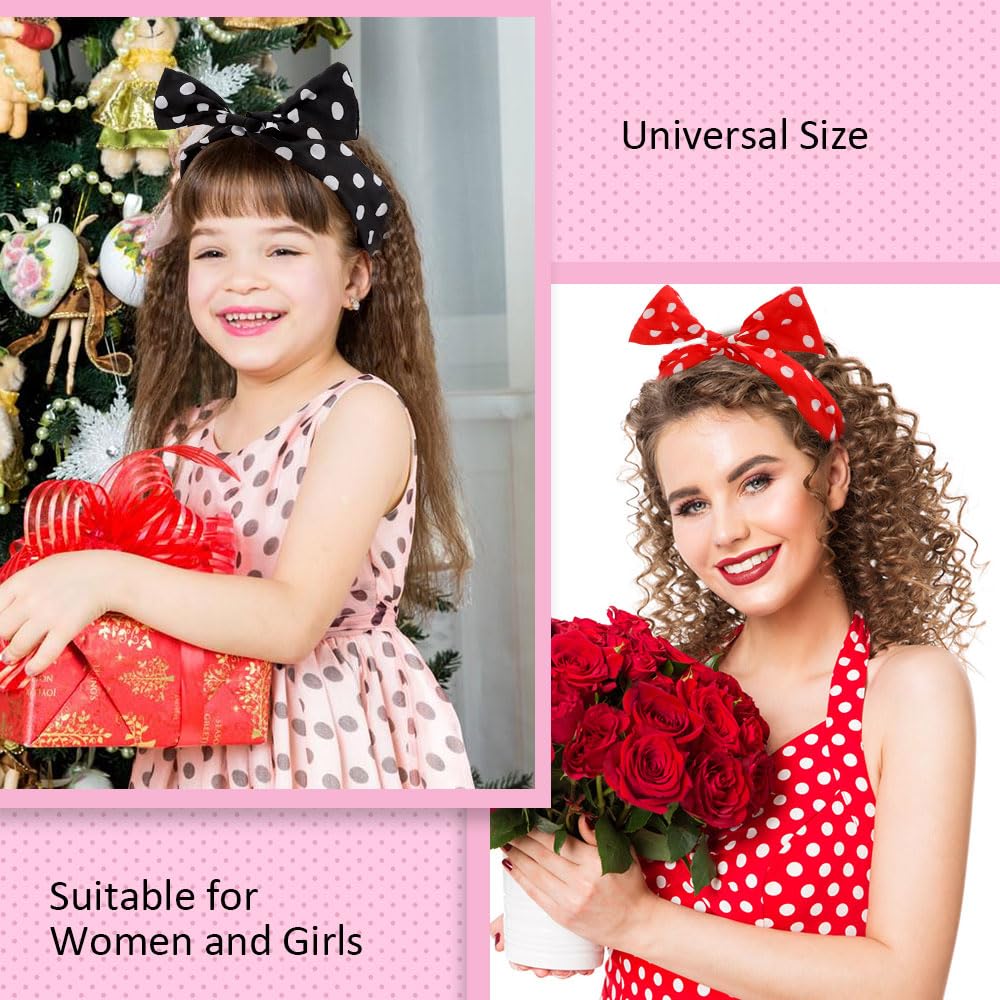 AHONEY 4 Pack Red Black Bow Headband for Women, Polka Dot Wire Headband, Retro Bandana 50s Outfits Hairband Vintage Christmas Ha