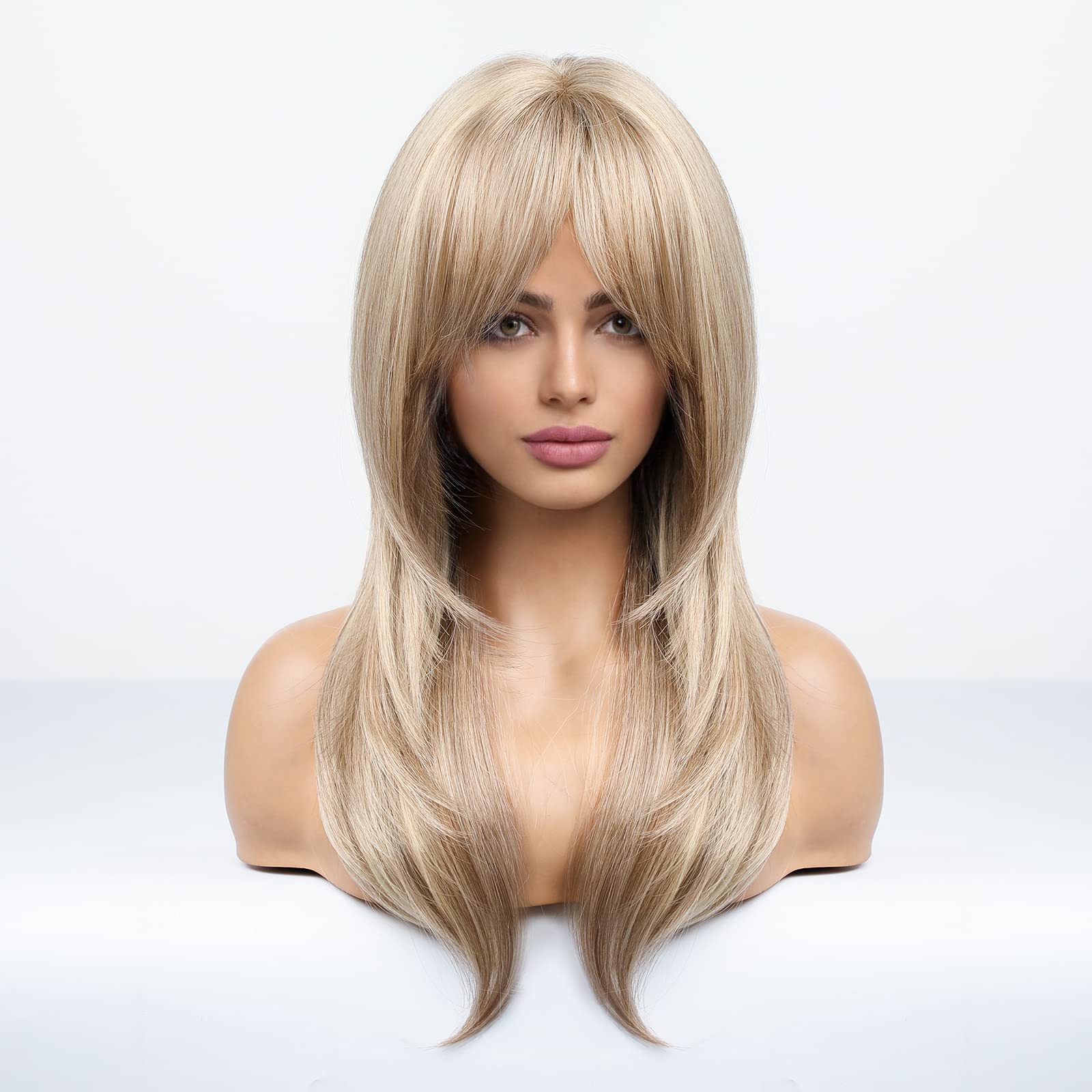 HAIRCUBE Light Blonde Wigs for Women Charming Highlight Blonde Wigs with Bangs Heat Resistant Synthetic Wig